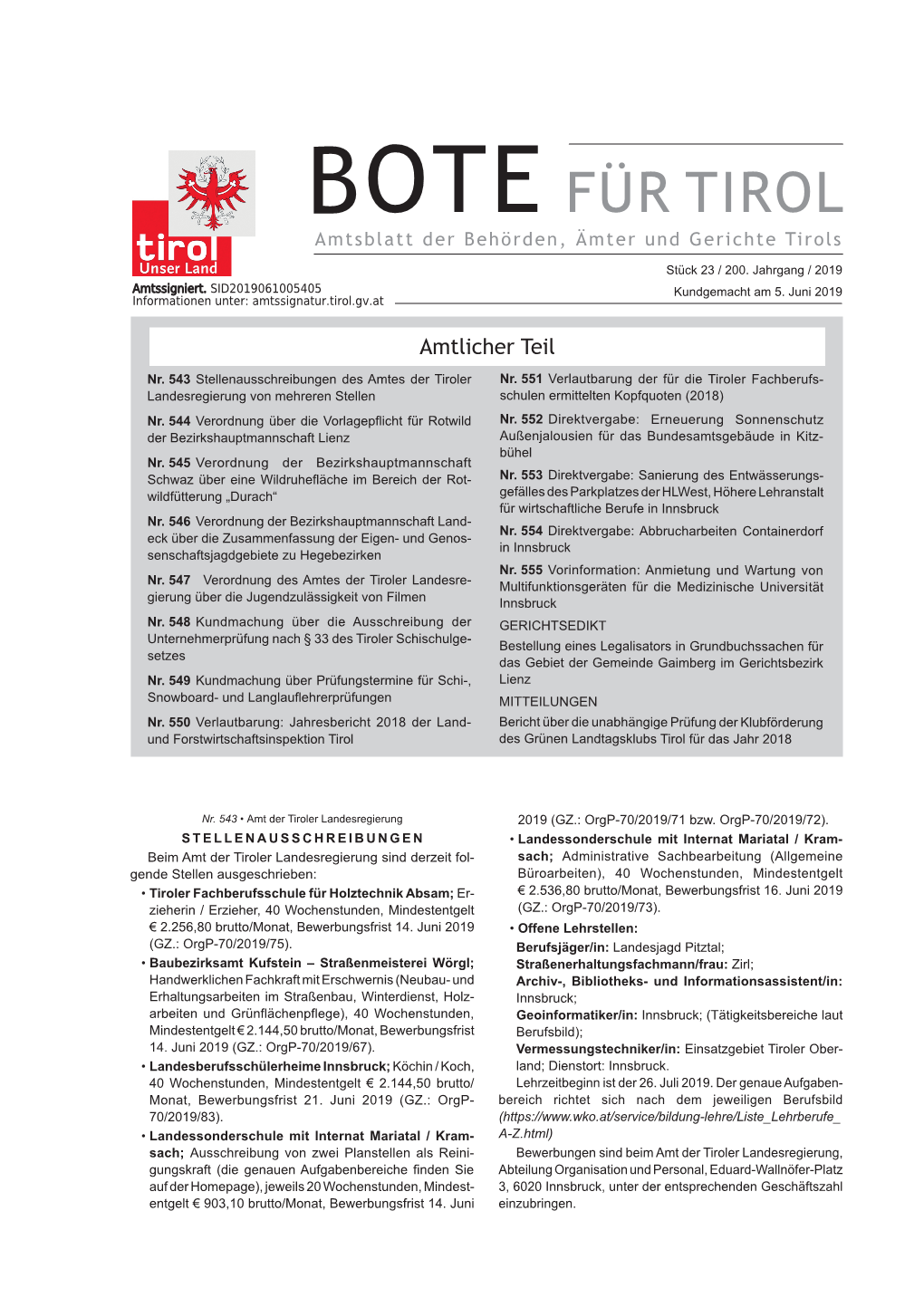 BOTE FÜR TIROL Amtsblatt Der Behörden, Ämter Und Gerichte Tirols