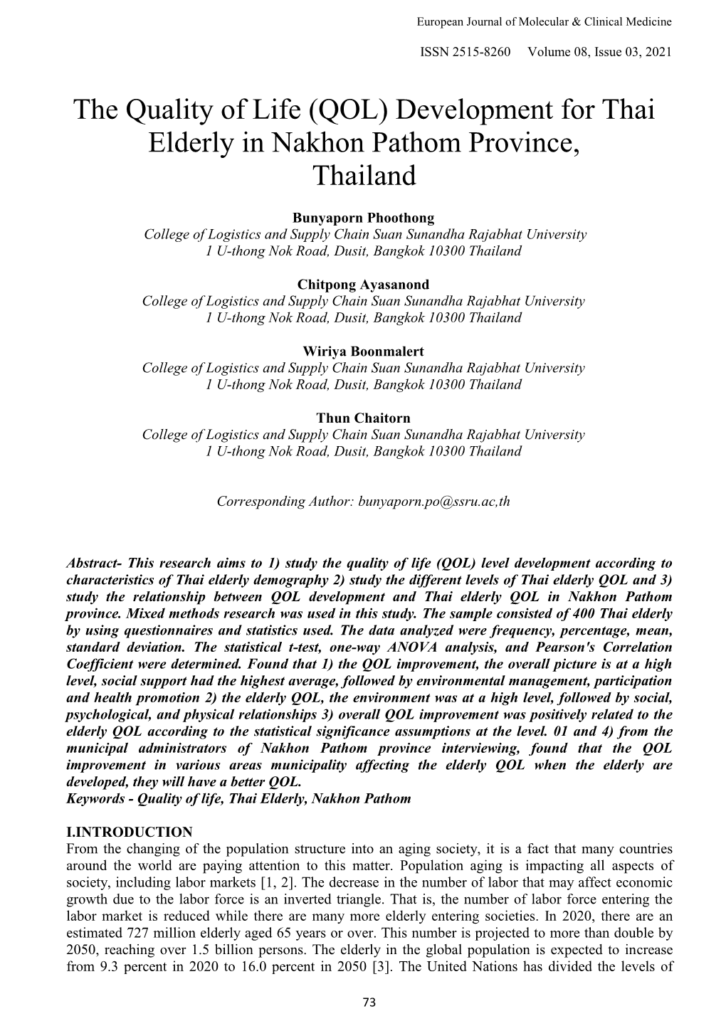 (QOL) Development for Thai Elderly in Nakhon Pathom Province, Thailand