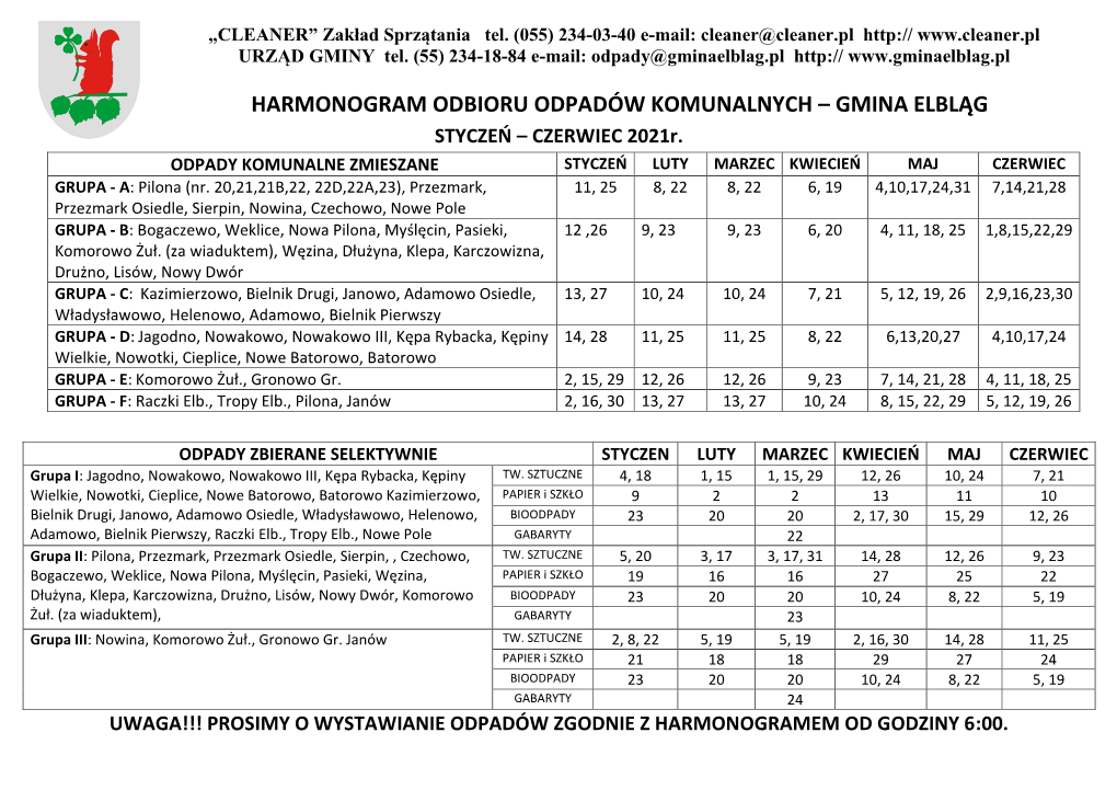 HARMONOGRAM ODBIORU ODPADÓW KOMUNALNYCH – GMINA ELBLĄG STYCZEŃ – CZERWIEC 2021R
