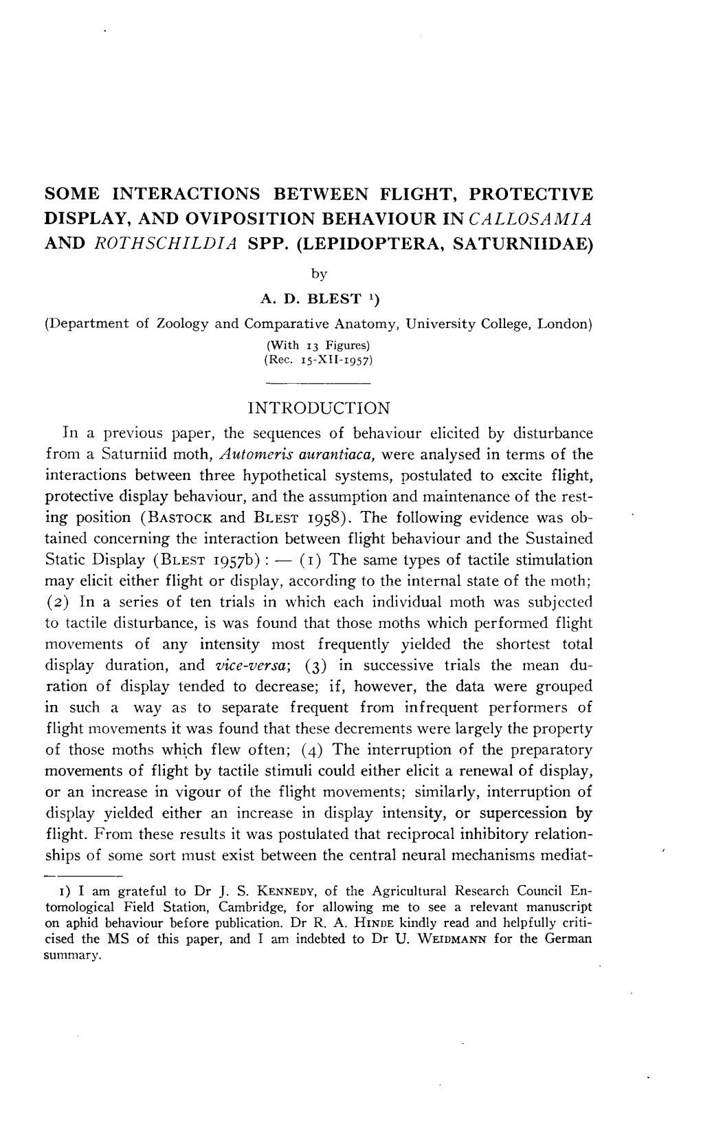 Some Interactions Between Flight, Protective Display, and Oviposition Behaviour in Callosamia and Rothschildia Spp