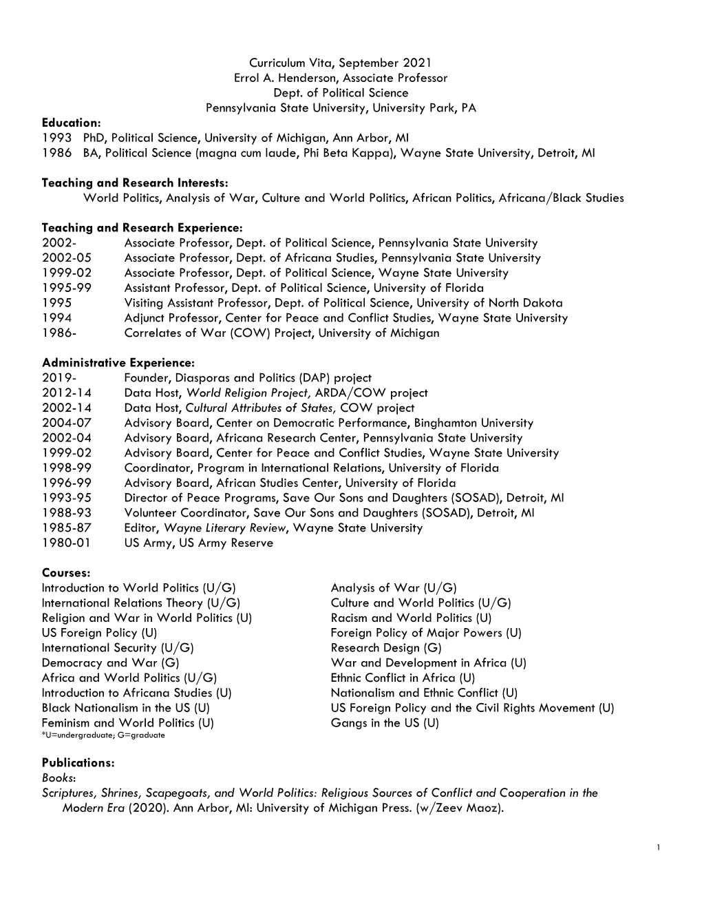 Curriculum Vita, April 2021 Errol A. Henderson, Associate Professor