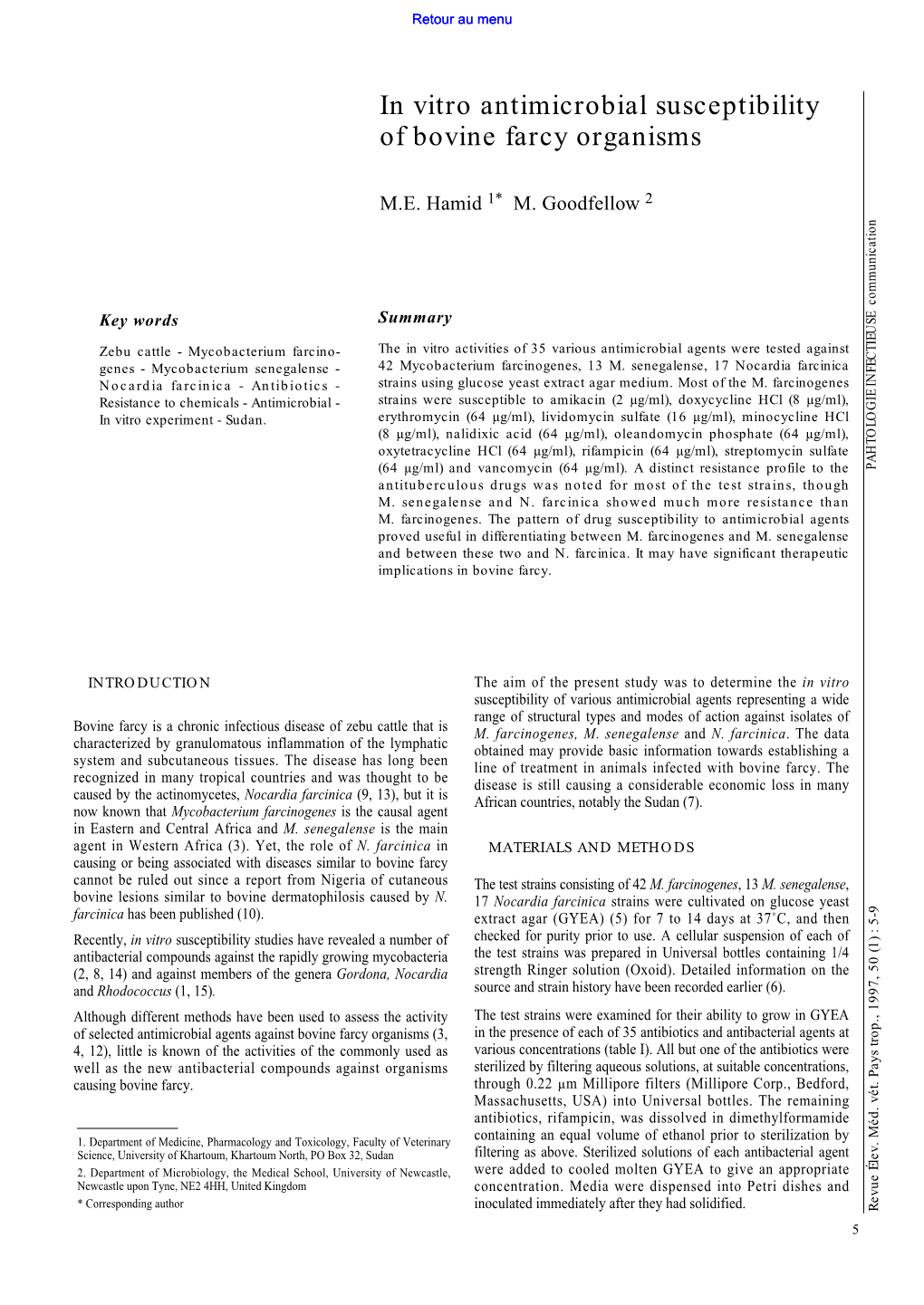 In Vitro Antimicrobial Susceptibility of Bovine Farcy Organisms