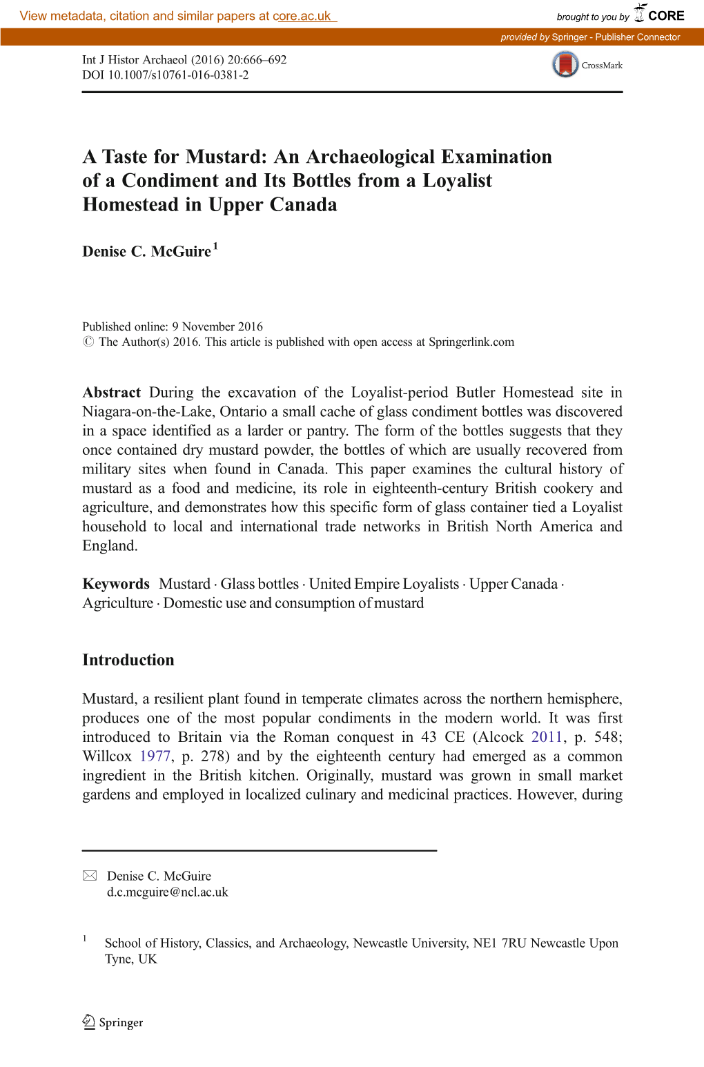 A Taste for Mustard: an Archaeological Examination of a Condiment and Its Bottles from a Loyalist Homestead in Upper Canada