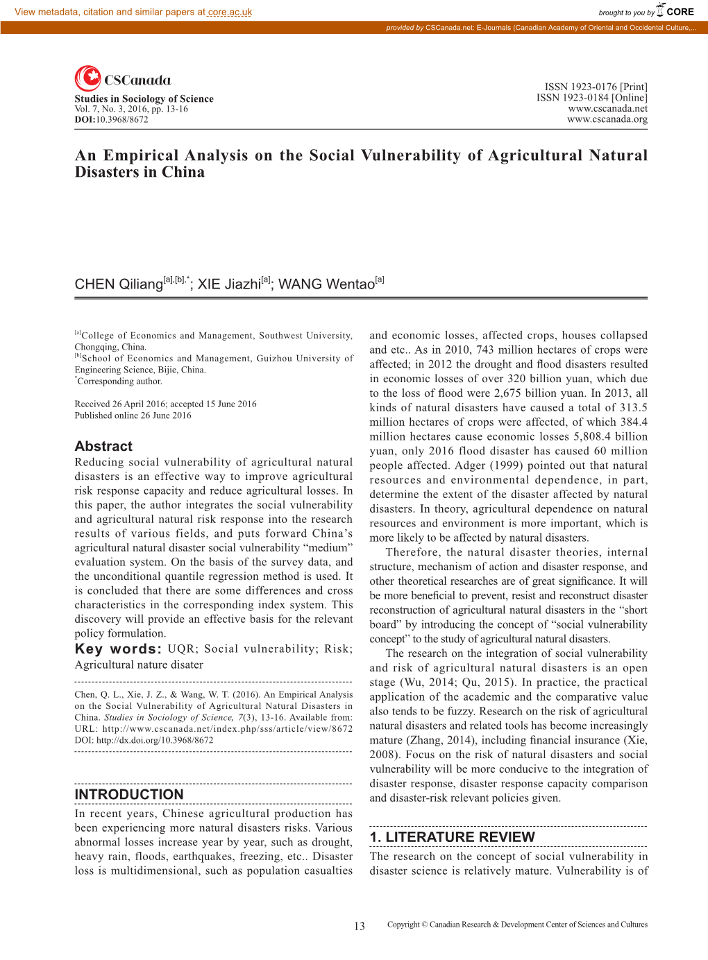 An Empirical Analysis on the Social Vulnerability of Agricultural Natural Disasters in China