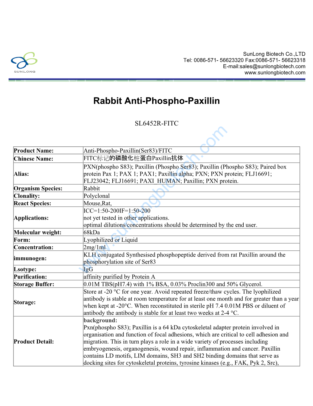 Rabbit Anti-Phospho-Paxillin-SL6452R-FITC