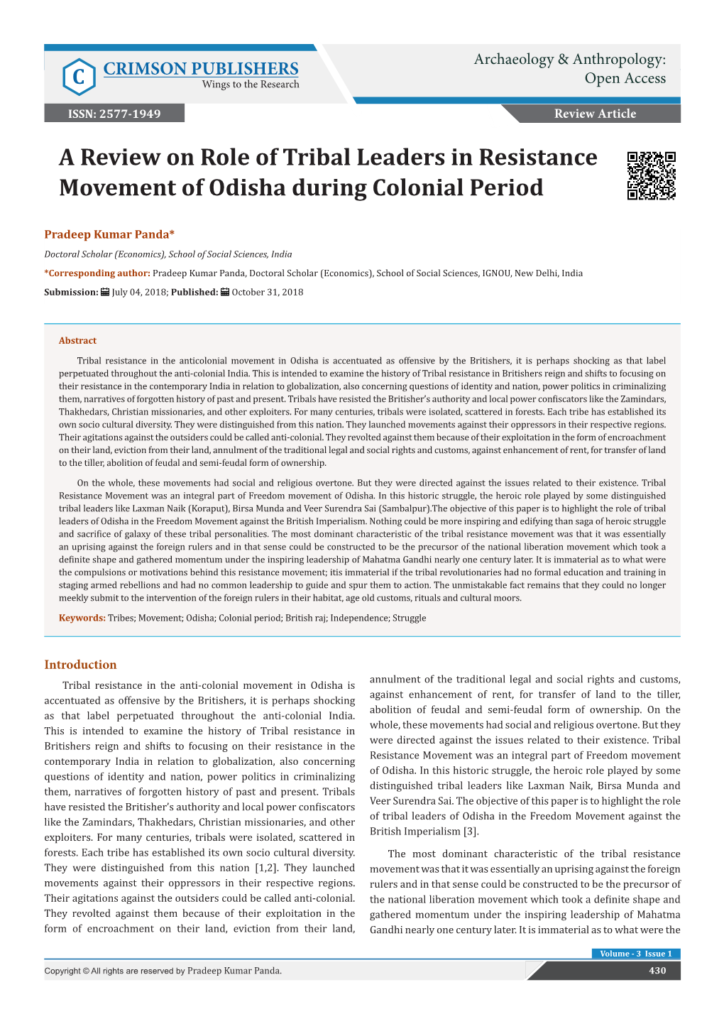 A Review on Role of Tribal Leaders in Resistance Movement of Odisha During Colonial Period