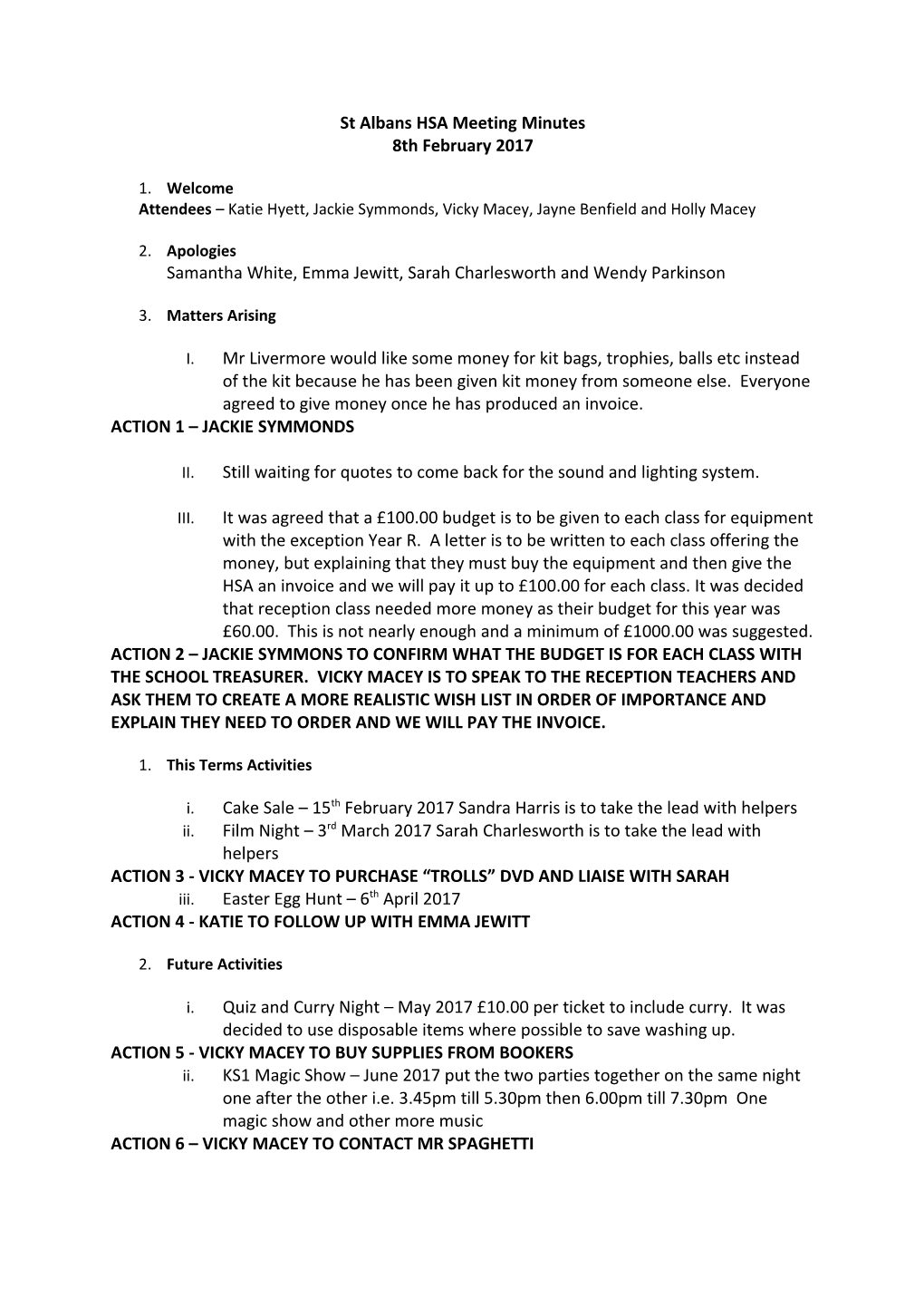 St Albans HSA Meeting Minutes