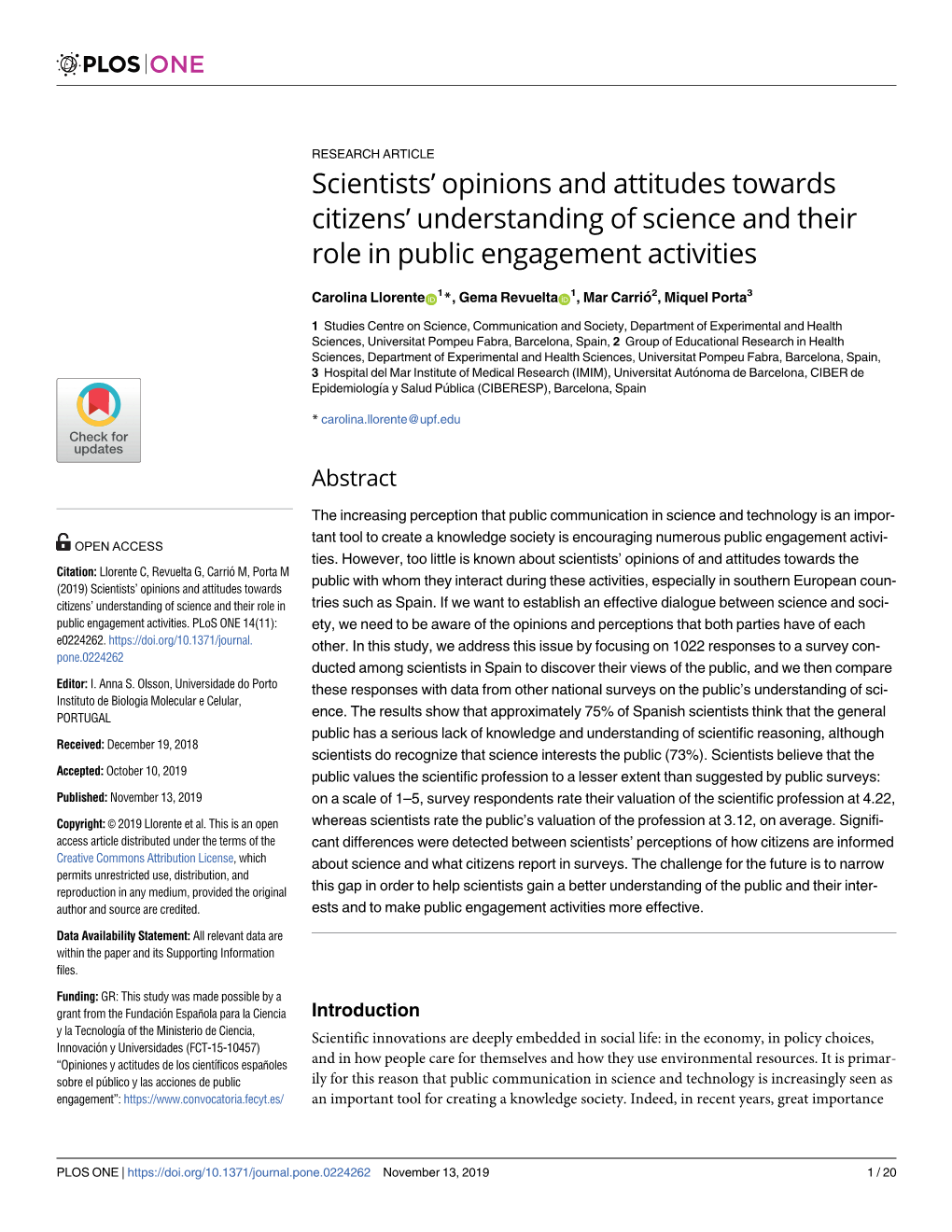 Scientists' Opinions and Attitudes Towards Citizens' Understanding of Science and Their Role in Public Engagement Activities