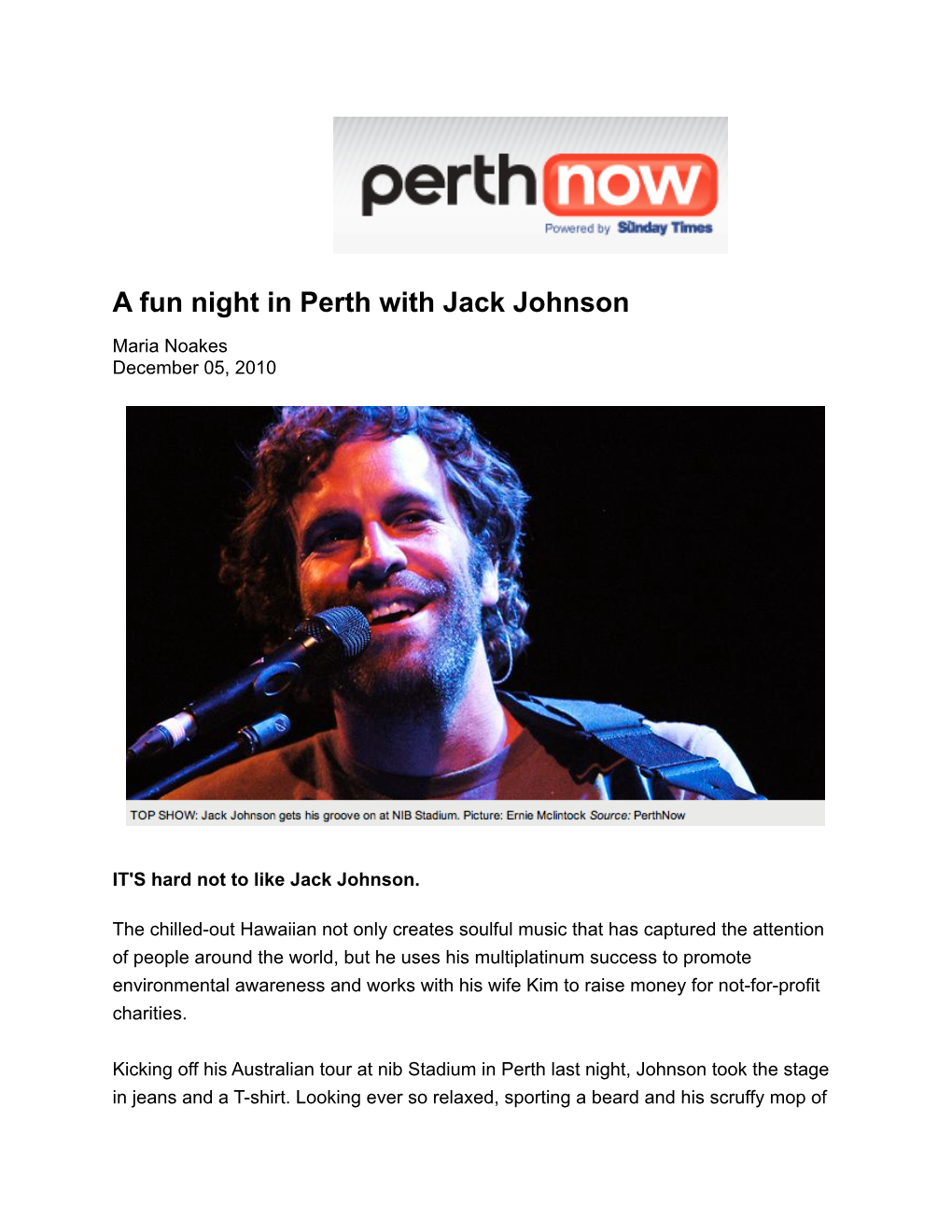 A Fun Night in Perth with Jack Johnson