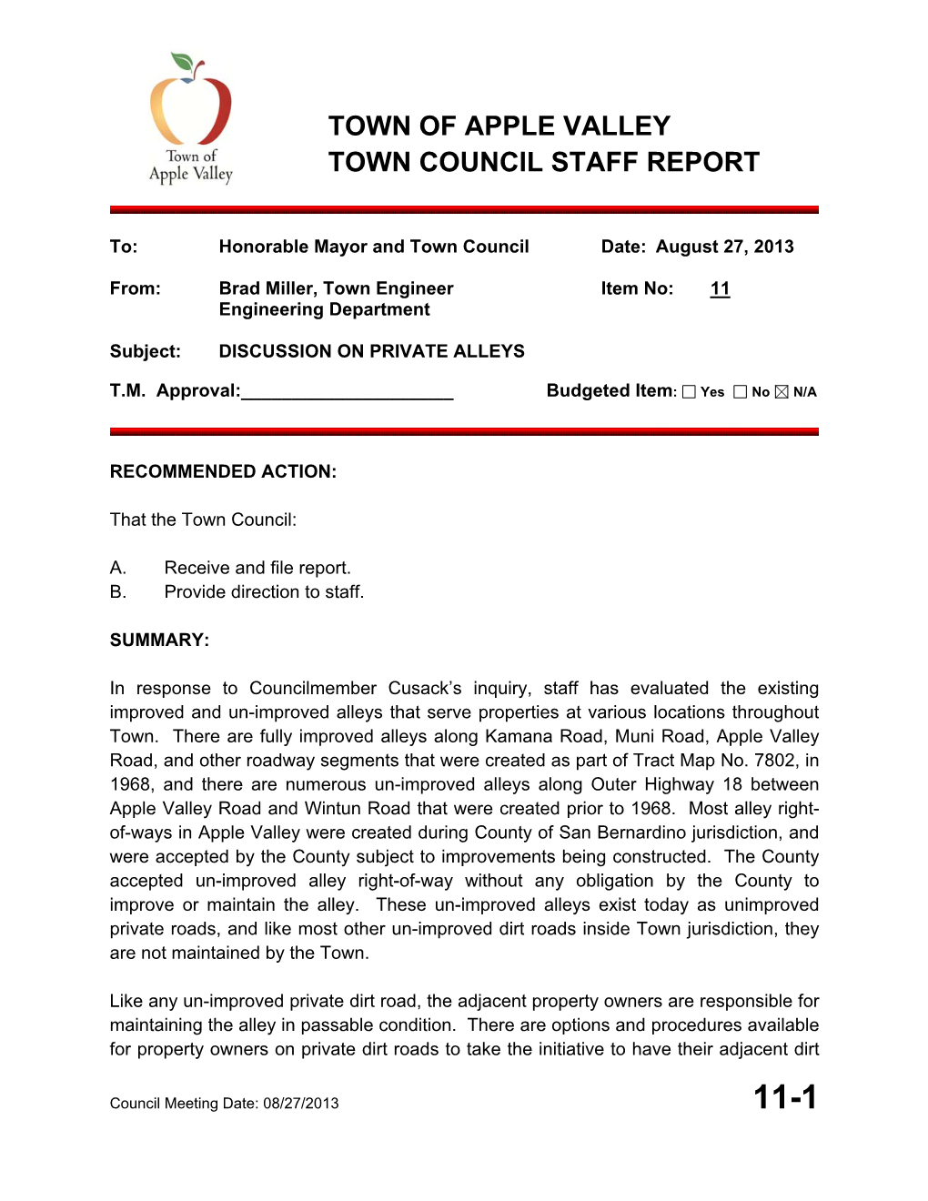 Town of Apple Valley Town Council Staff Report