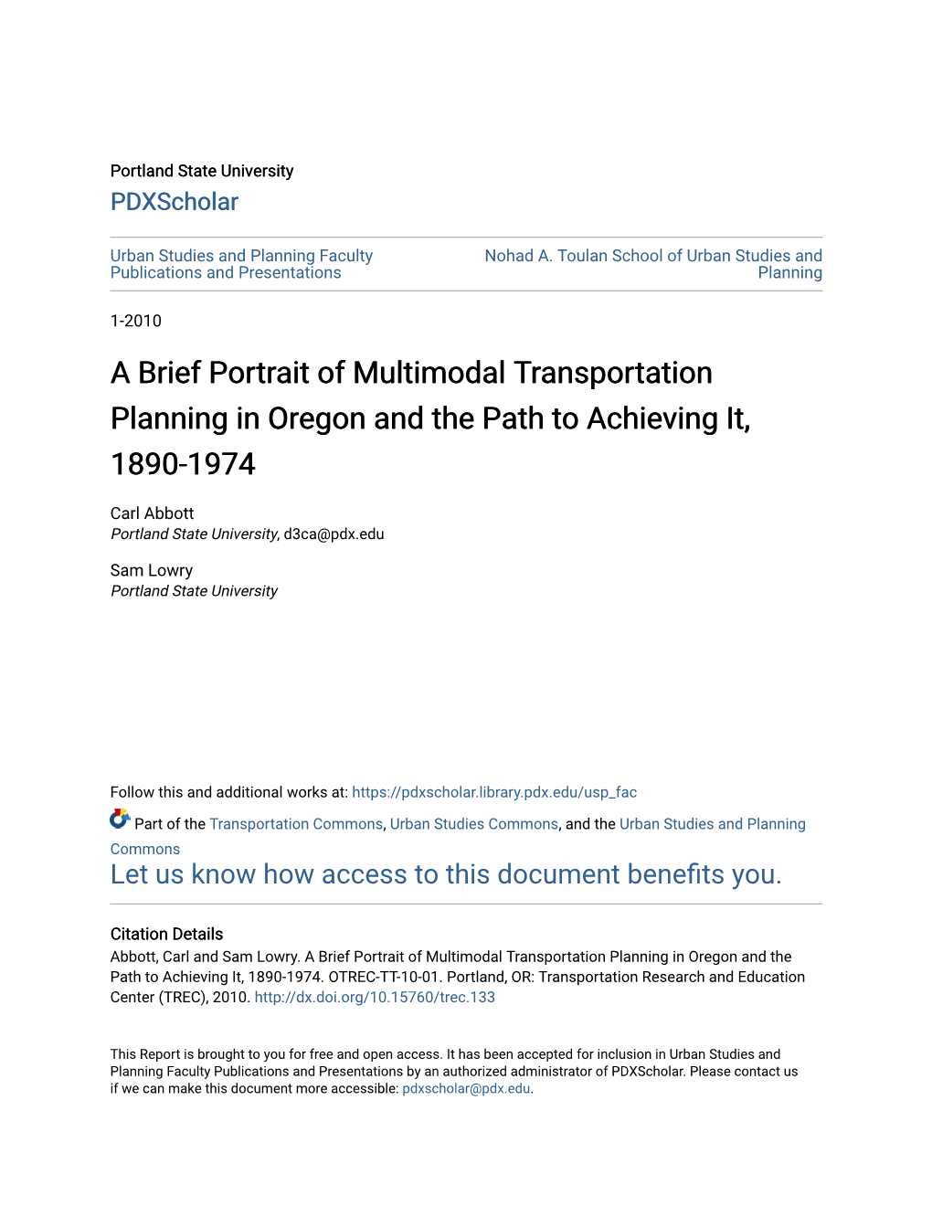 A Brief Portrait of Multimodal Transportation Planning in Oregon and the Path to Achieving It, 1890-1974