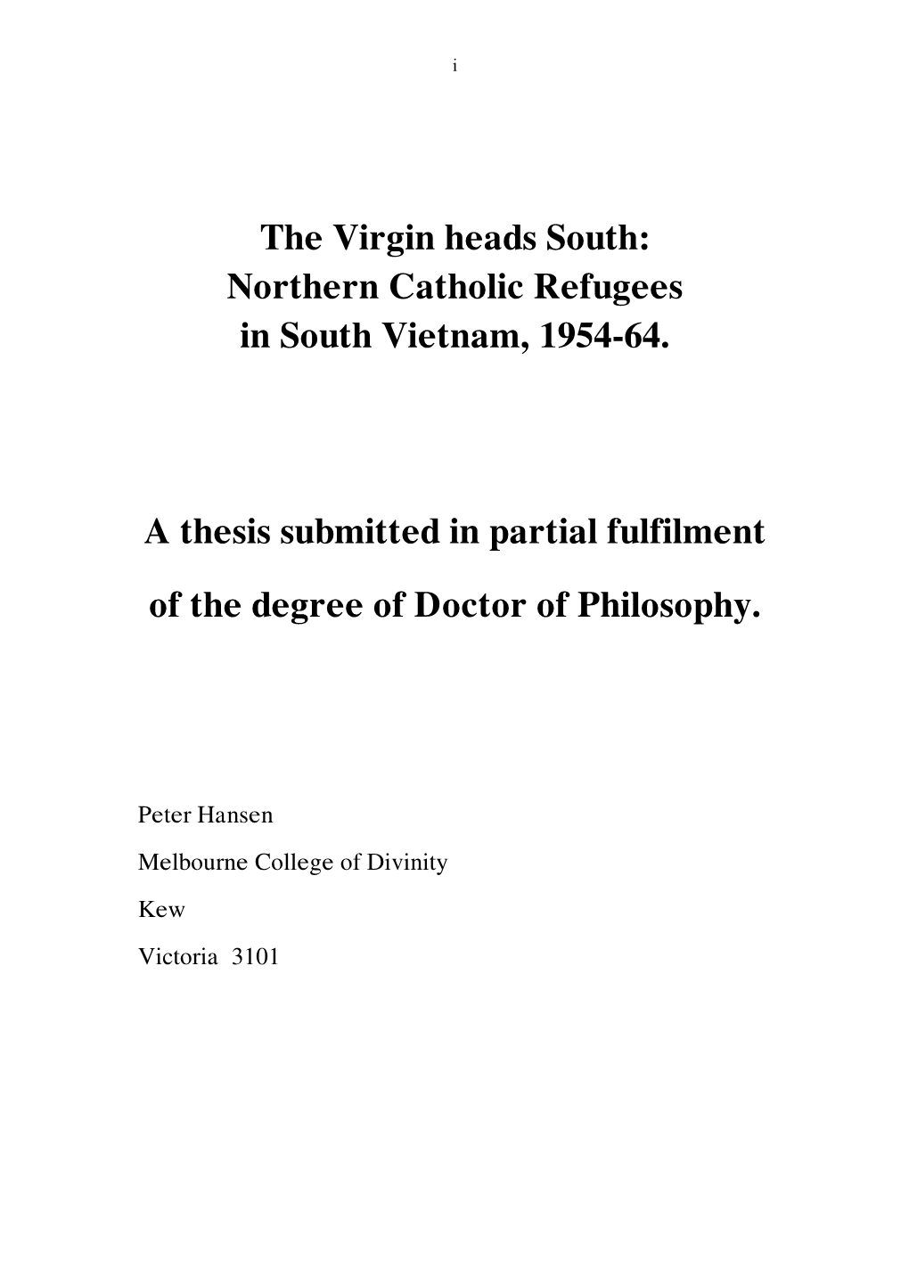 Northern Catholic Refugees in South Vietnam, 1954-64