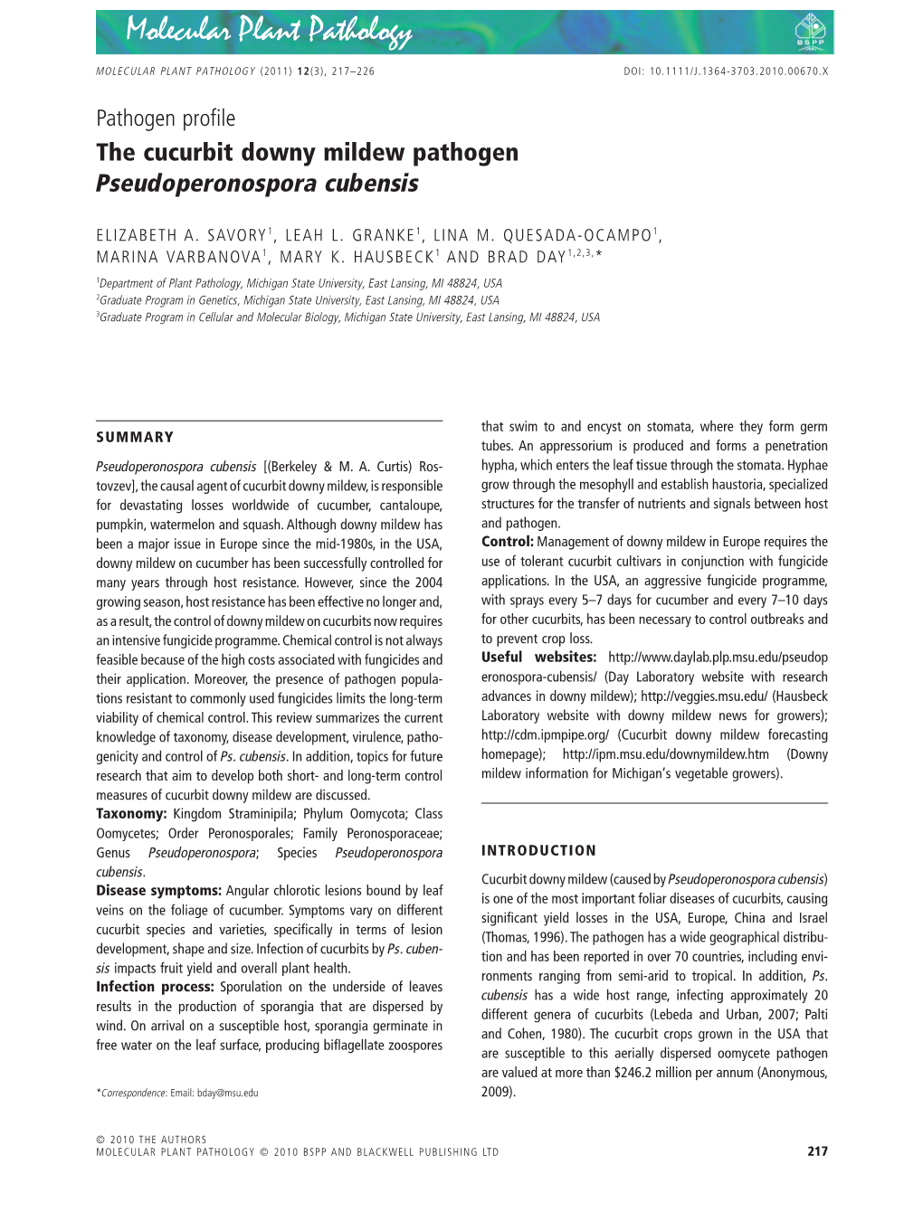 The Cucurbit Downy Mildew Pathogen Pseudoperonospora Cubensis