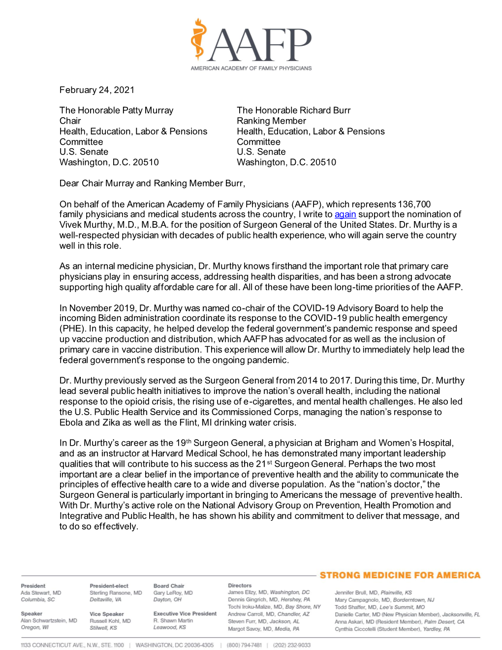 AAFP Letter to HELP Committee in Support of Dr. Murthy for Surgeon