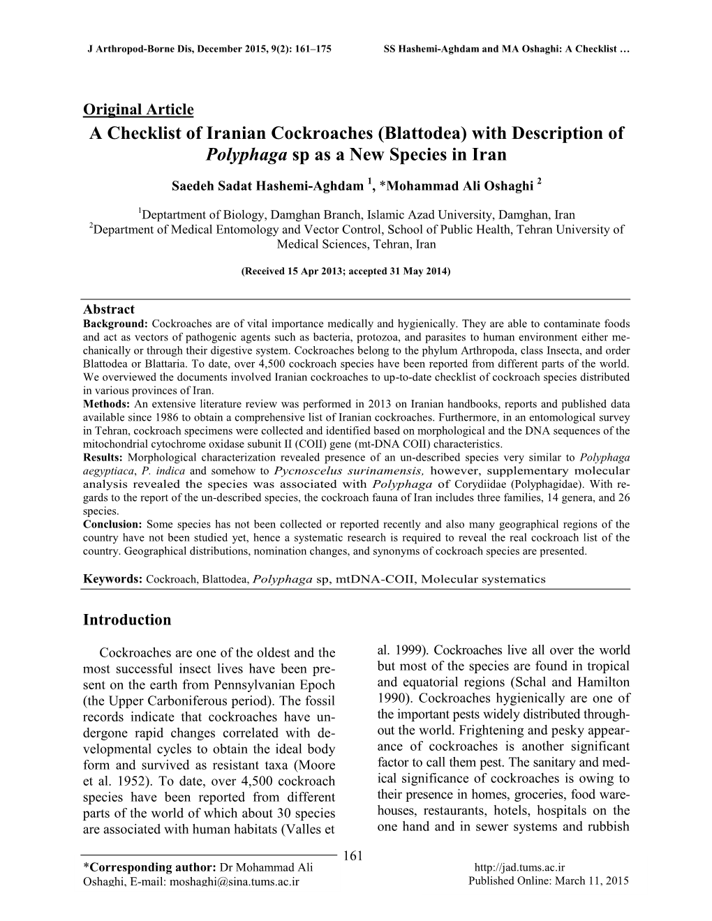 A Checklist of Iranian Cockroaches (Blattodea) with Description of Polyphaga Sp As a New Species in Iran