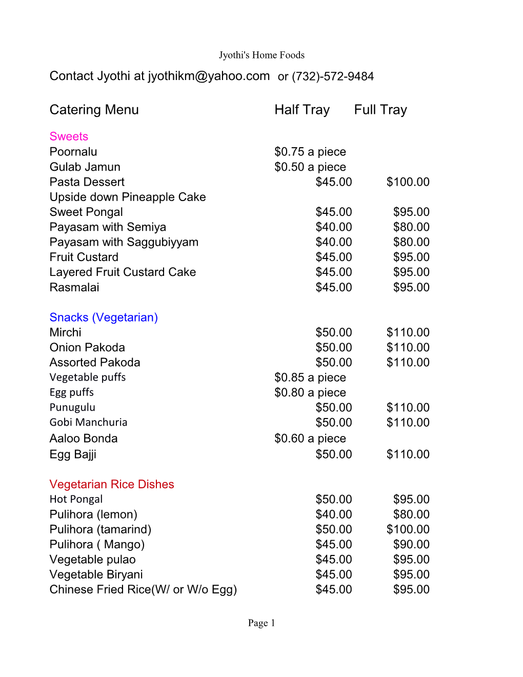 Catering Menu Half Tray Full Tray