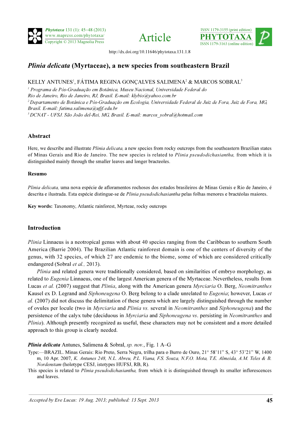 Plinia Delicata (Myrtaceae), a New Species from Southeastern Brazil