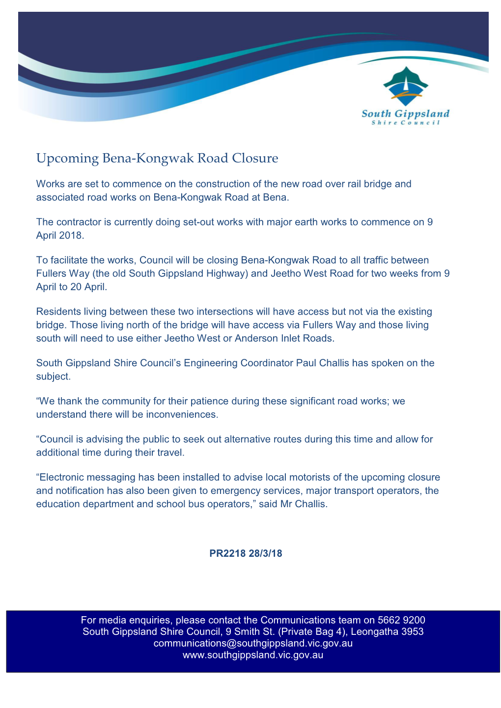 Upcoming Bena-Kongwak Road Closure
