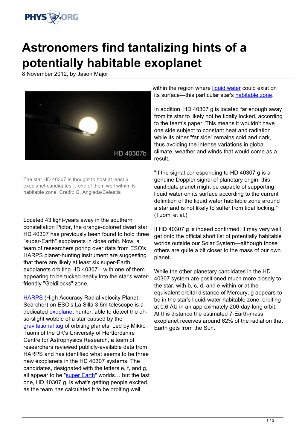 Astronomers Find Tantalizing Hints of a Potentially Habitable Exoplanet 8 November 2012, by Jason Major