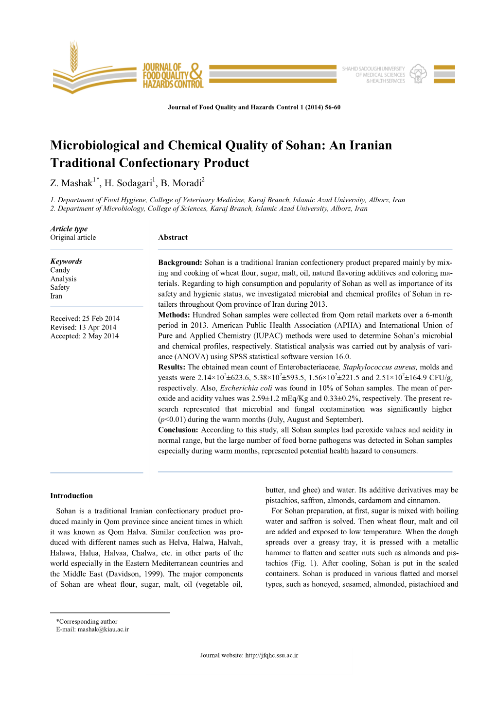 Microbiological and Chemical Quality of Sohan: an Iranian Traditional Confectionary Product Z