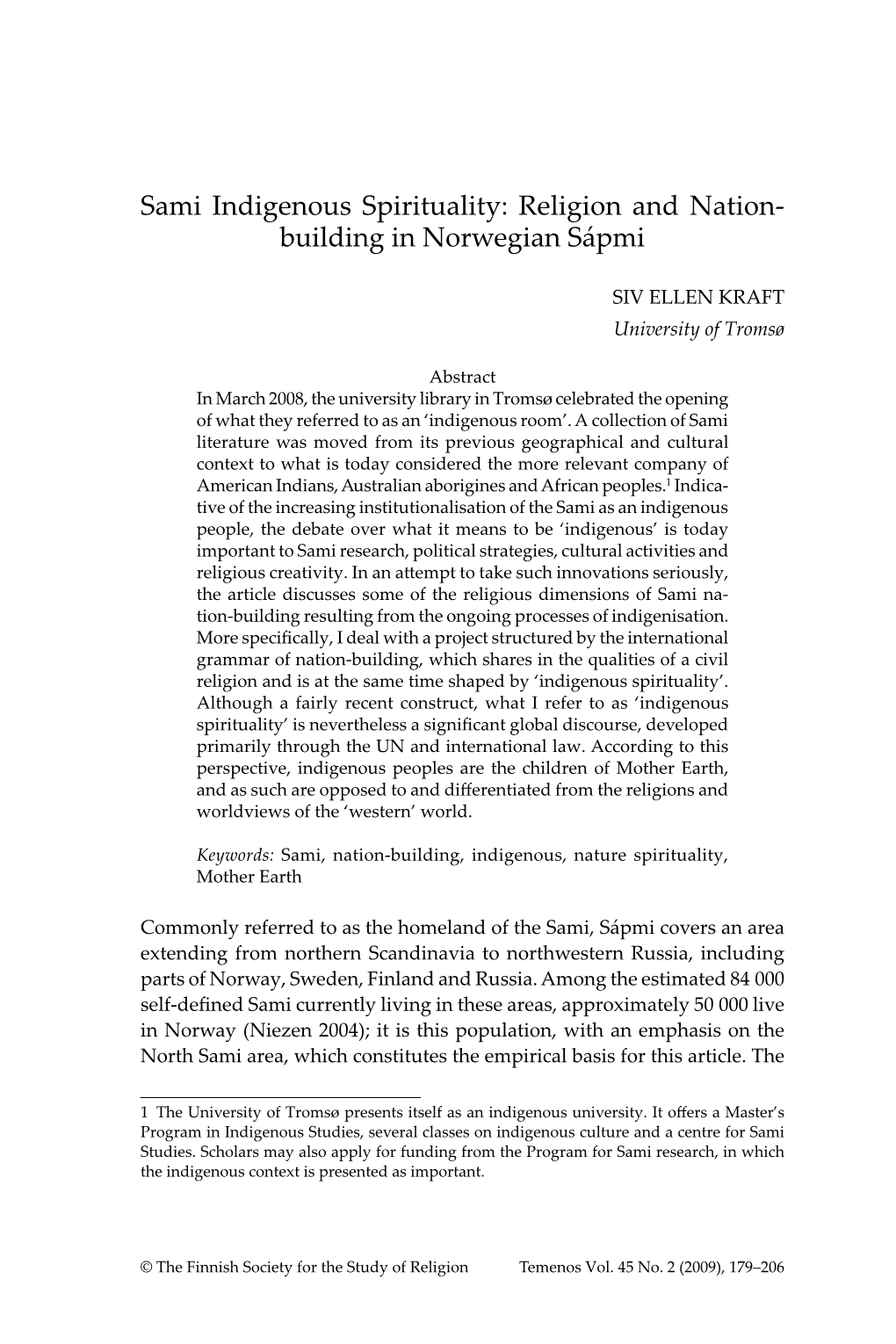 Sami Indigenous Spirituality: Religion and Nation- Building in Norwegian Sápmi