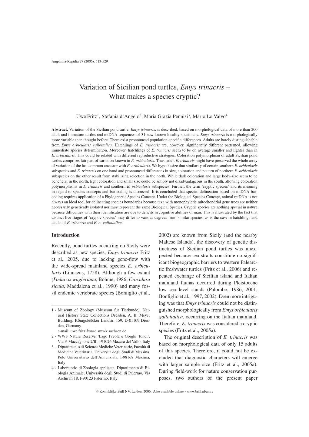 Variation of Sicilian Pond Turtles, Emys Trinacris – What Makes a Species Cryptic?