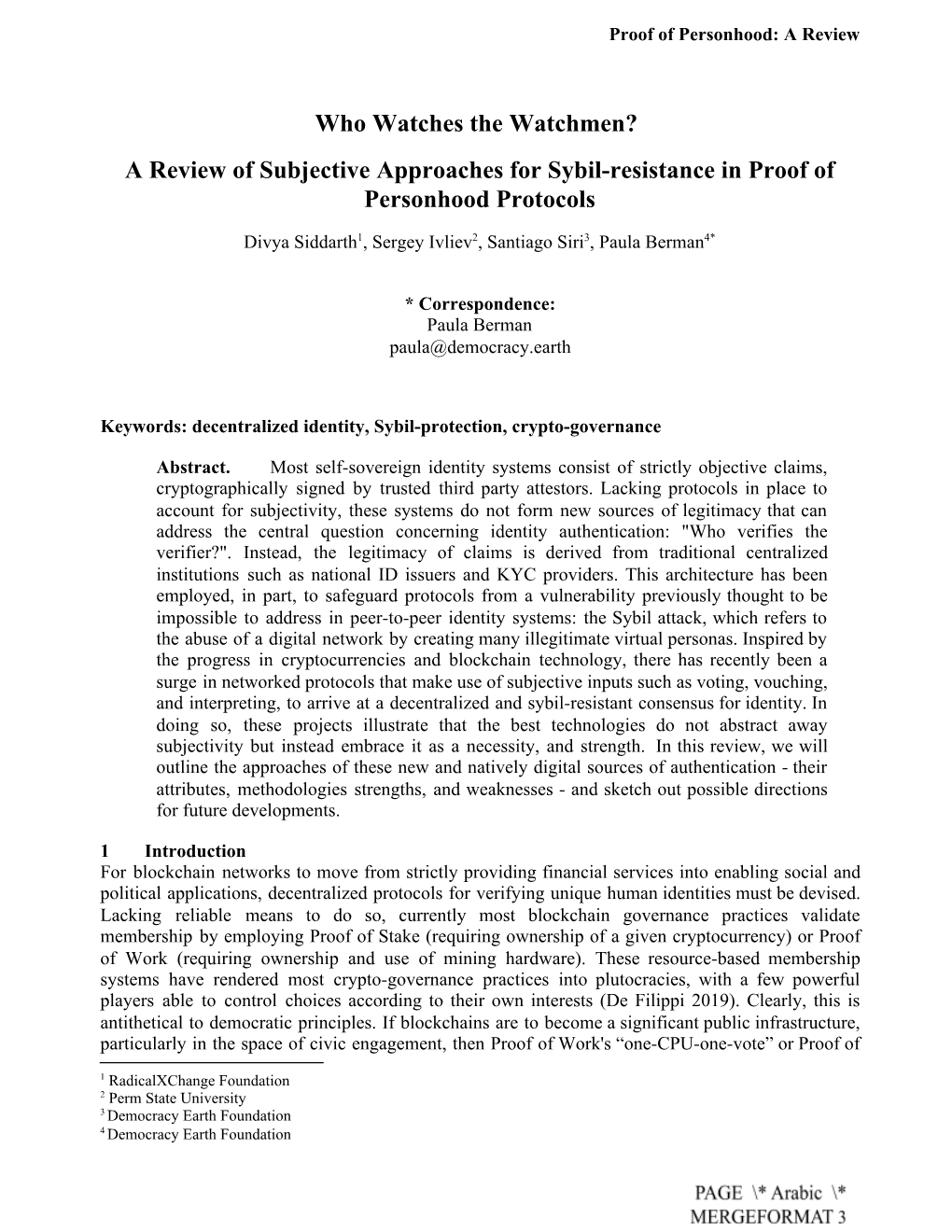 Who Watches the Watchmen? a Review of Subjective Approaches for Sybil-Resistance in Proof of Personhood Protocols