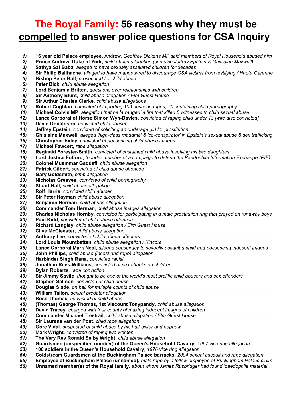 The Royal Family: 56 Reasons Why They Must Be Compelled to Answer Police Questions for CSA Inquiry