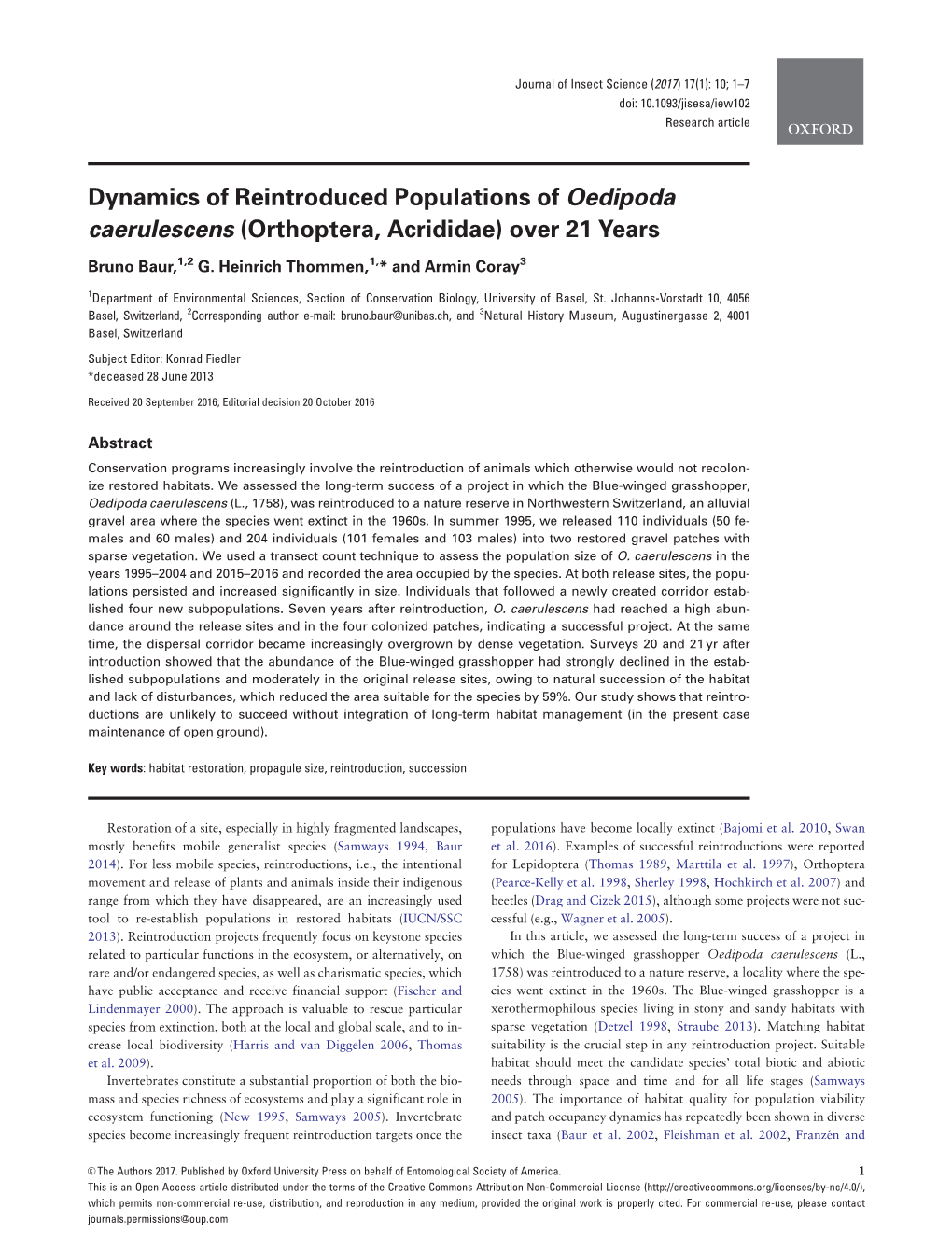 Dynamics of Reintroduced Populations of Oedipoda Caerulescens (Orthoptera, Acrididae) Over 21 Years