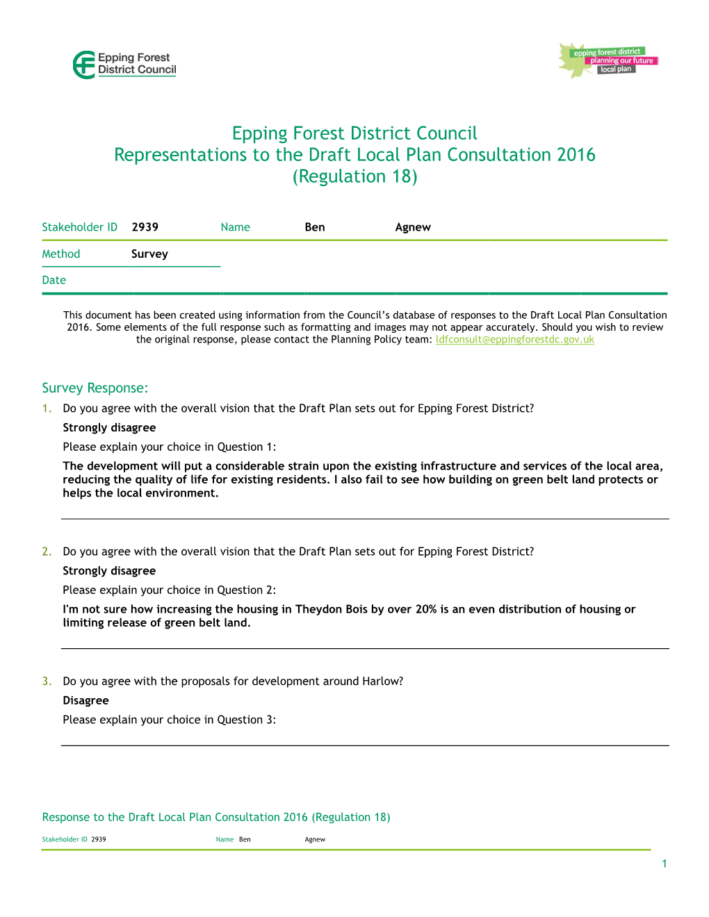 Epping Forest District Council Representations to the Draft Local Plan Consultation 2016 (Regulation 18)