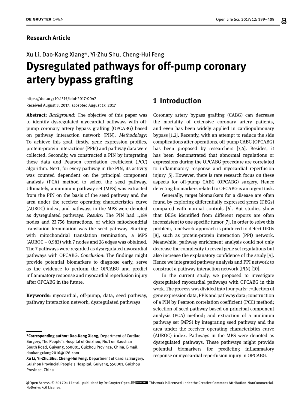 Dysregulated Pathways for Off-Pump Coronary Artery Bypass Grafting
