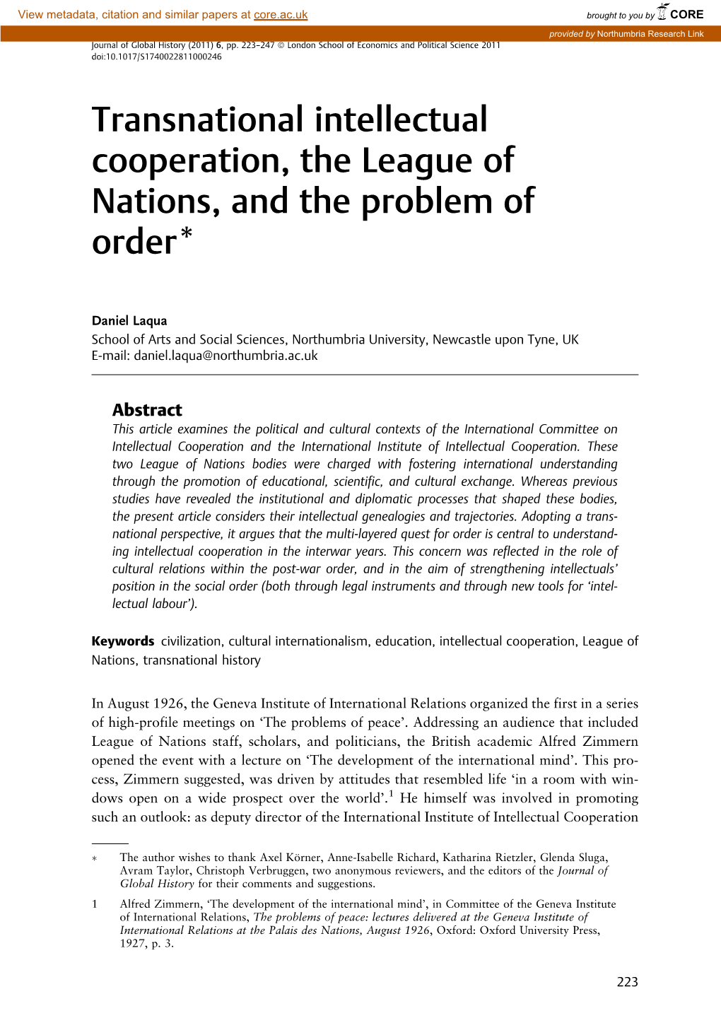 Transnational Intellectual Cooperation, the League of Nations, and the Problem of Order*