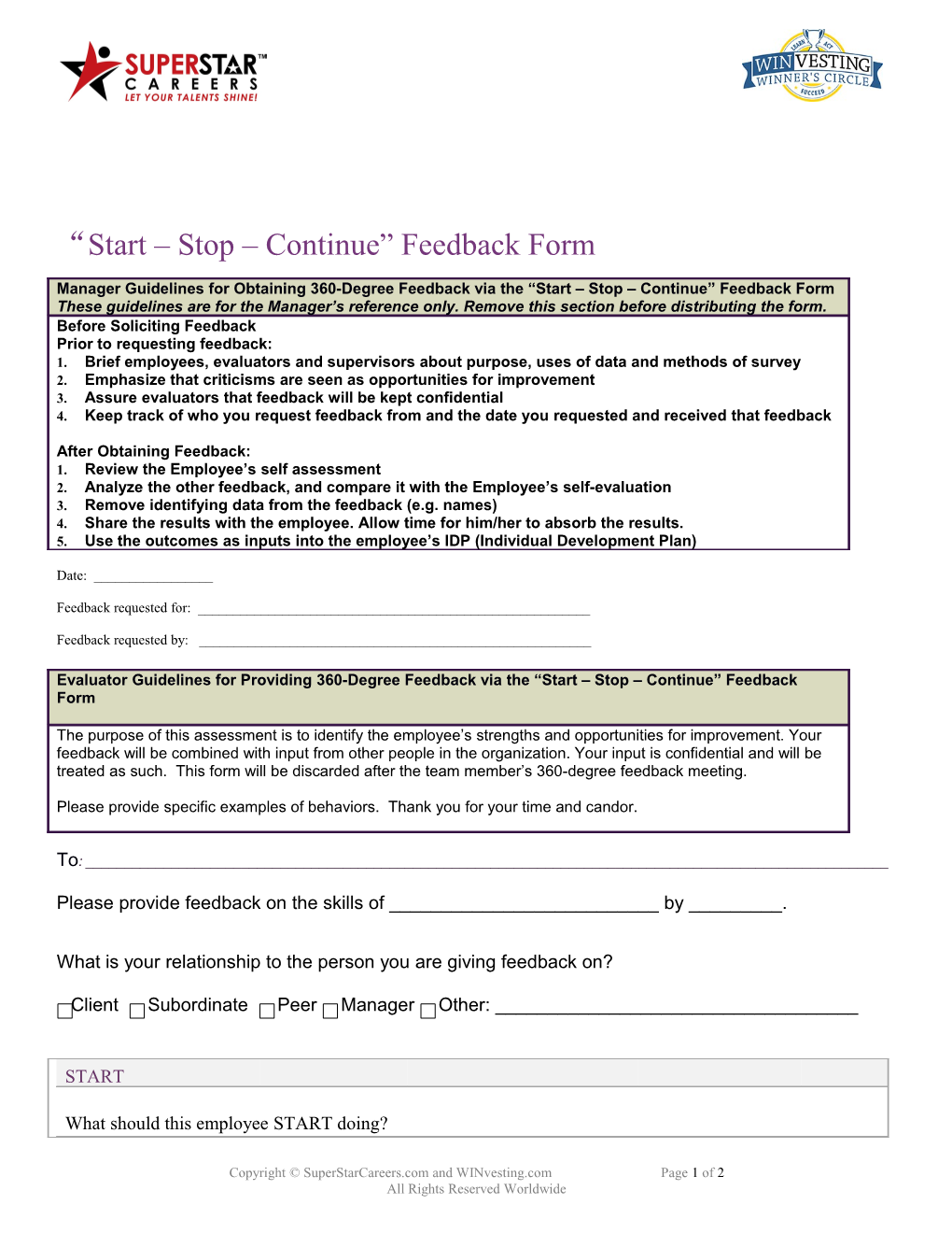 Start Stop Continue Feedback Form