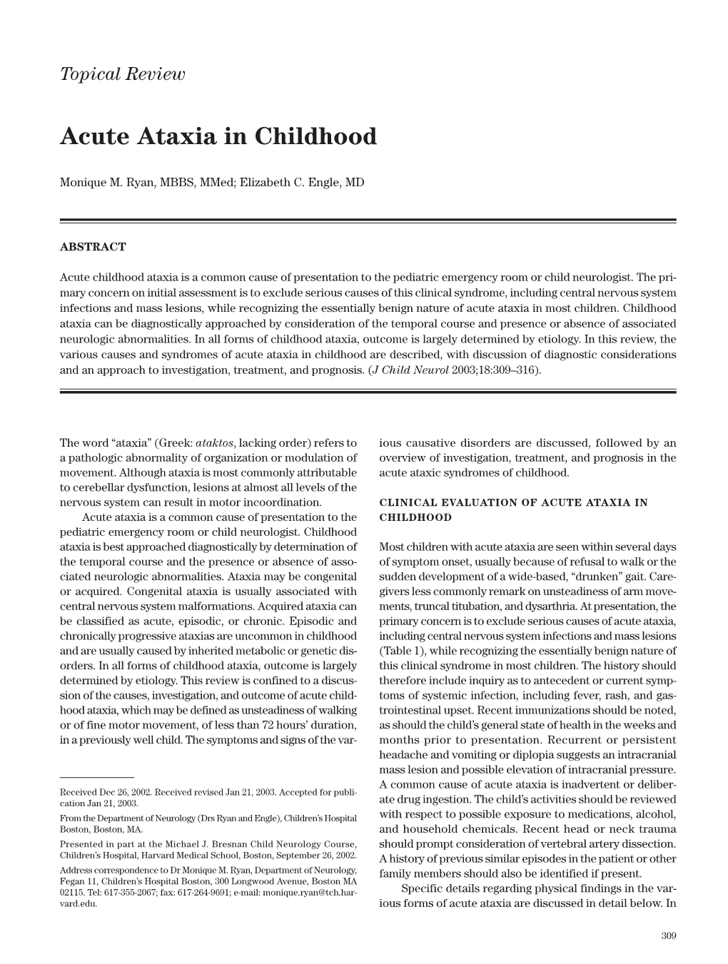 Acute Ataxia in Childhood