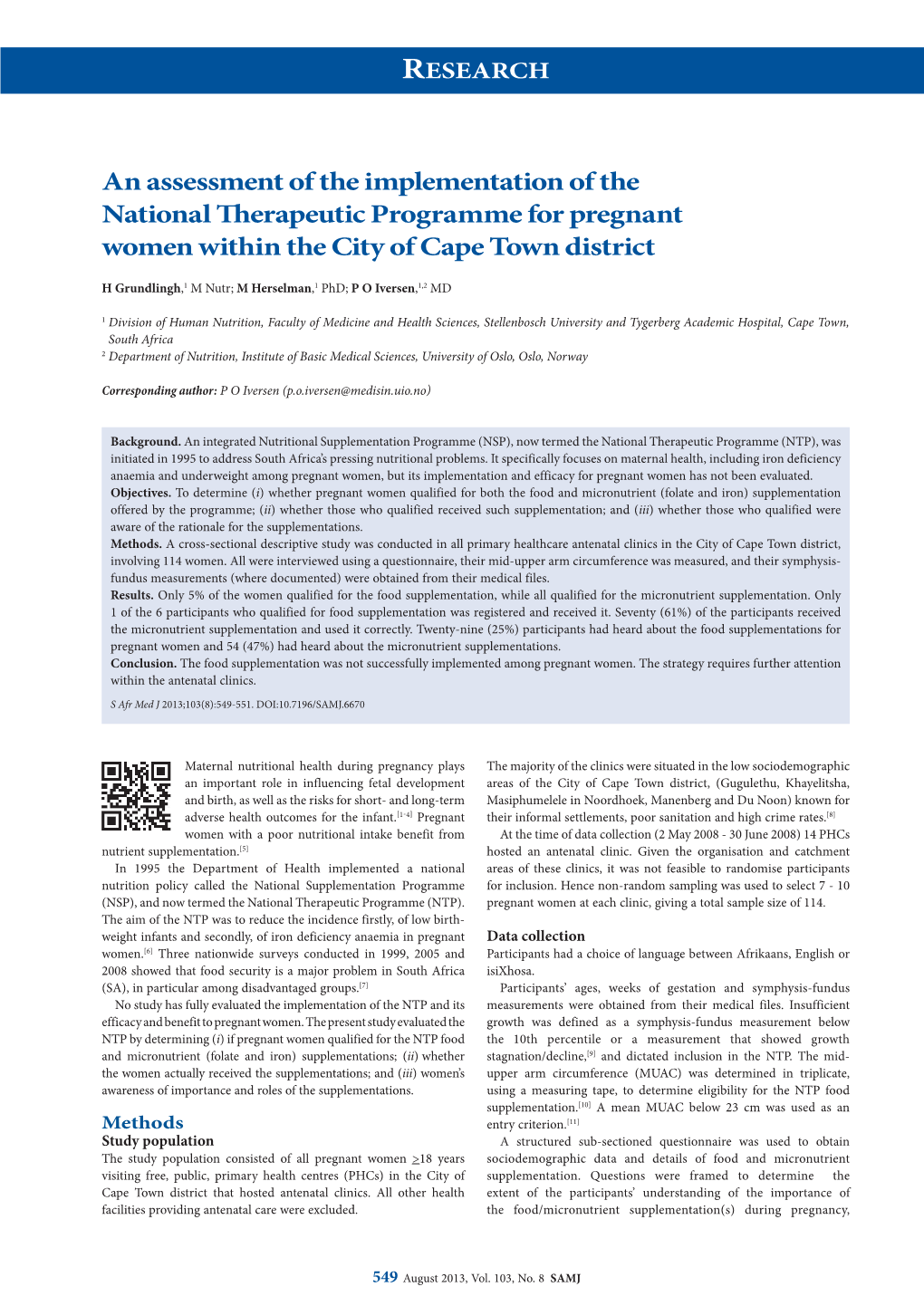 An Assessment of the Implementation of the National Therapeutic Programme for Pregnant Women Within the City of Cape Town District