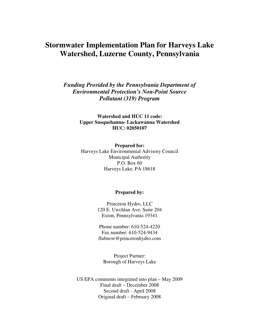 Stormwater Implementation Plan for Harveys Lake Watershed, Luzerne County, Pennsylvania