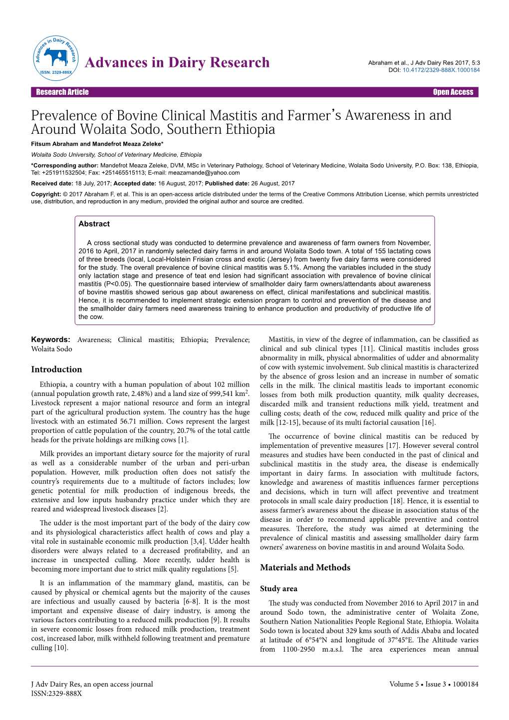 Prevalence of Bovine Clinical Mastitis and Farmer's Awareness in and Around Wolaita Sodo, Southern Ethiopia