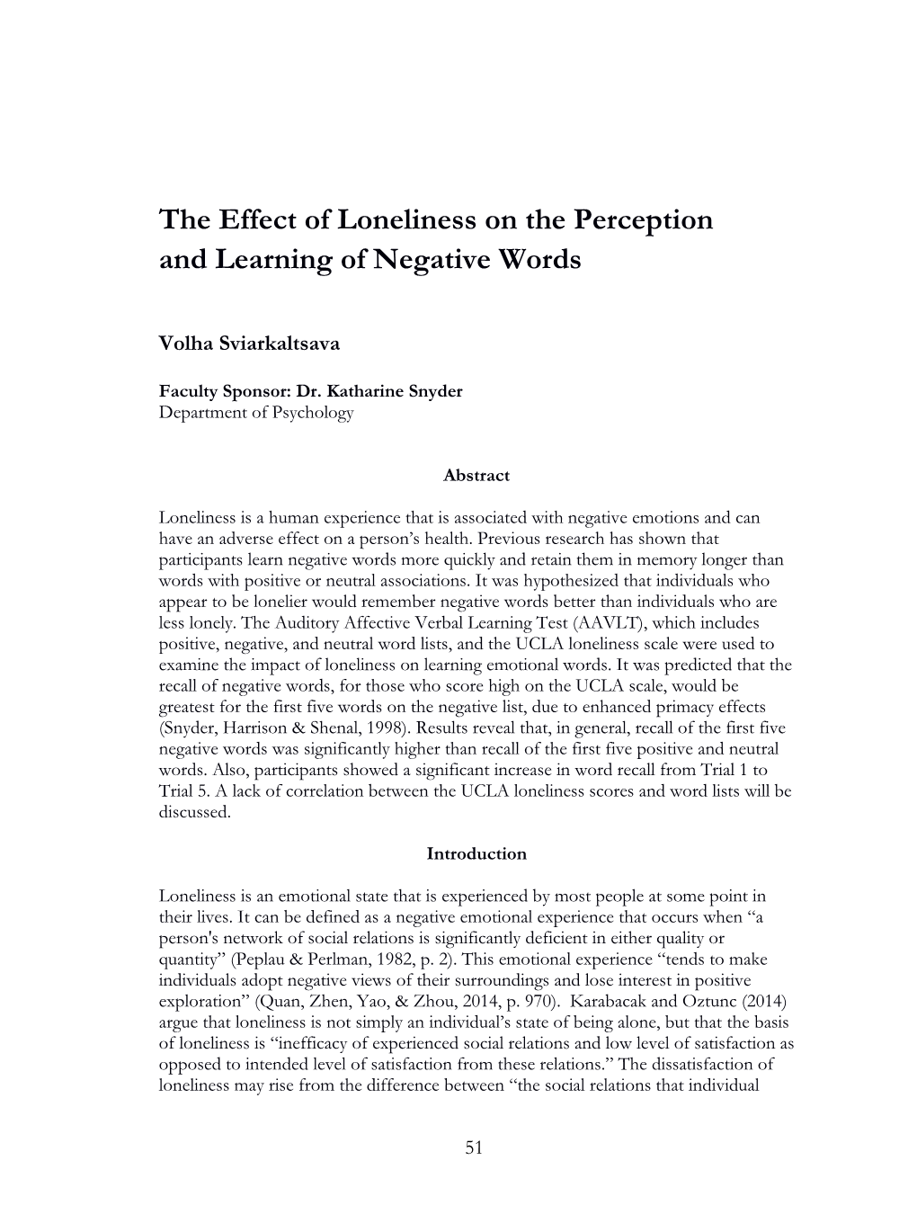 The Effect of Loneliness on the Perception and Learning of Negative Words