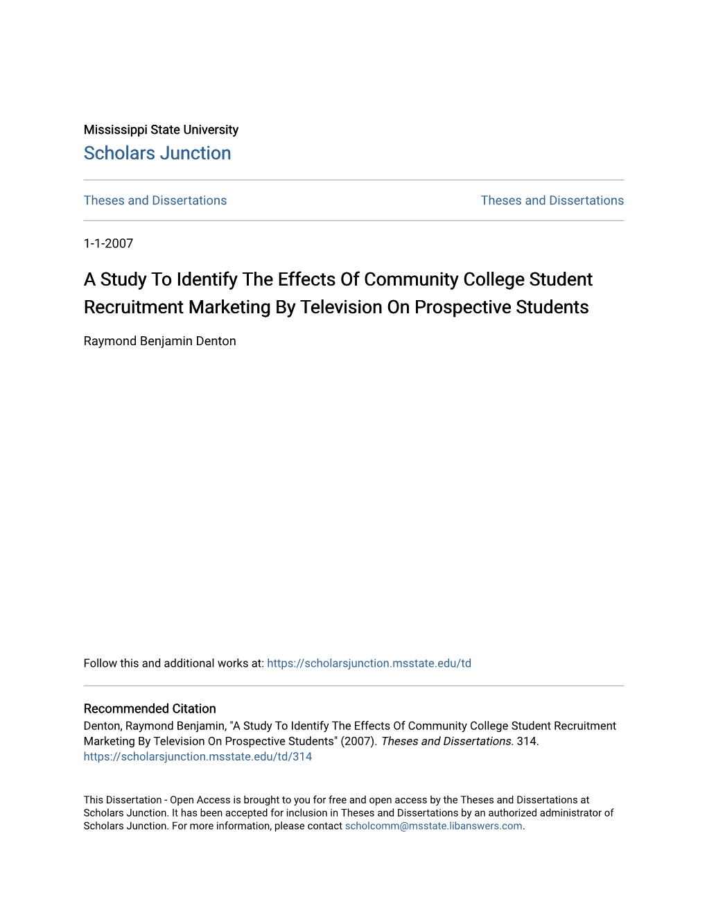 A Study to Identify the Effects of Community College Student Recruitment Marketing by Television on Prospective Students