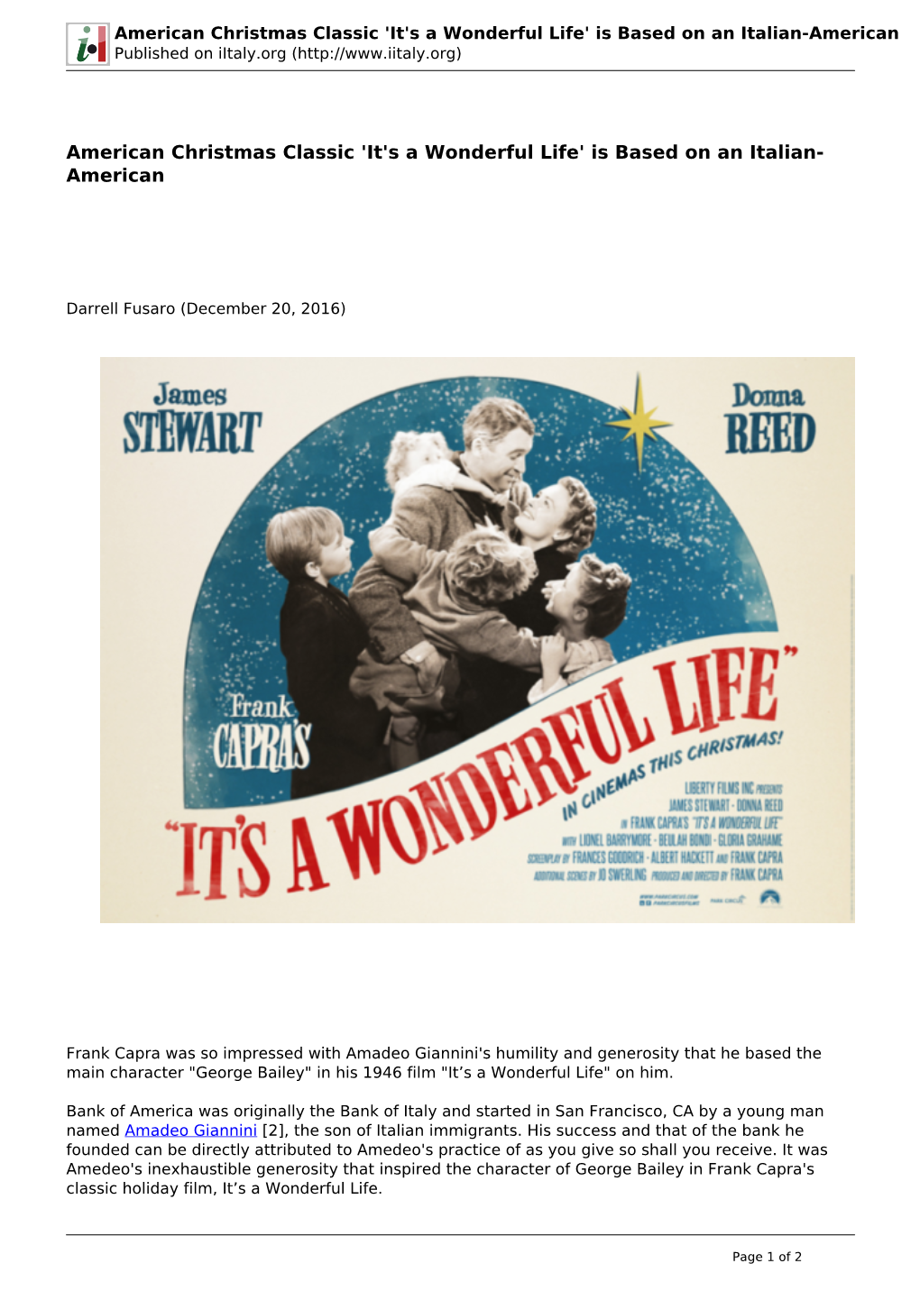 American Christmas Classic 'It's a Wonderful Life' Is Based on an Italian-American Published on Iitaly.Org (