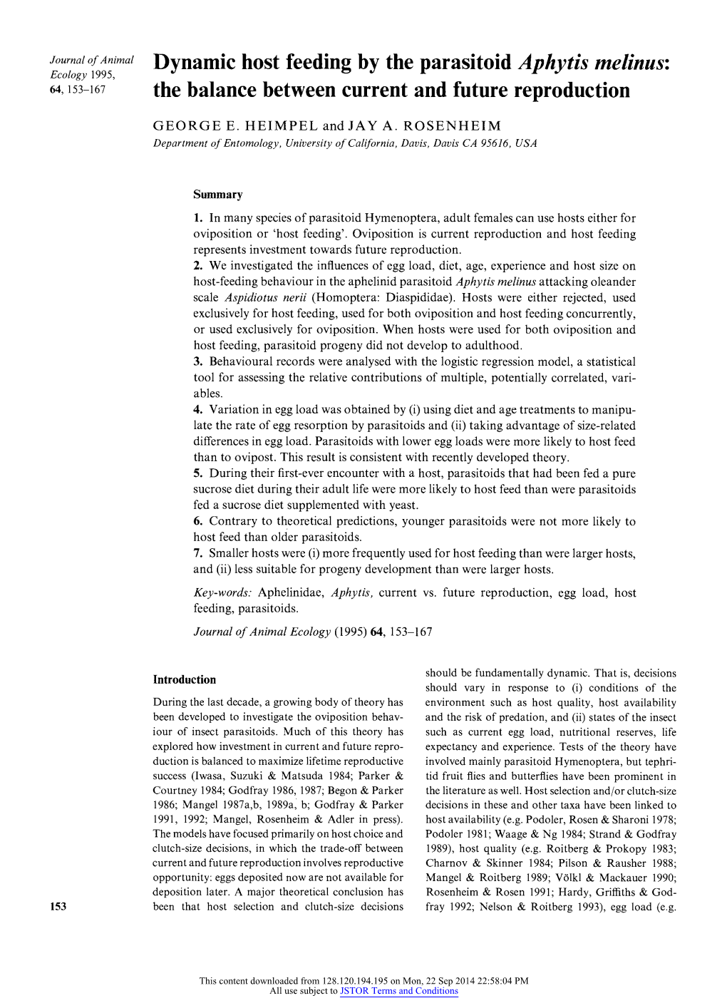 Dynamic Host Feeding by the Parasitoid Aphytis Melinus: Ecology 1995, 64, 153-167 the Balance Between Current and Future Reproduction