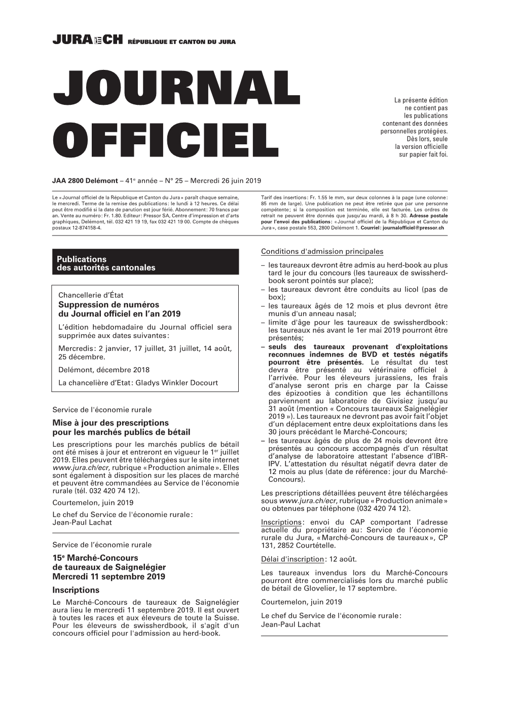 Journal Officiel De La République Et Canton Du Jura » Paraît Chaque Semaine, Tarif Des Insertions : Fr