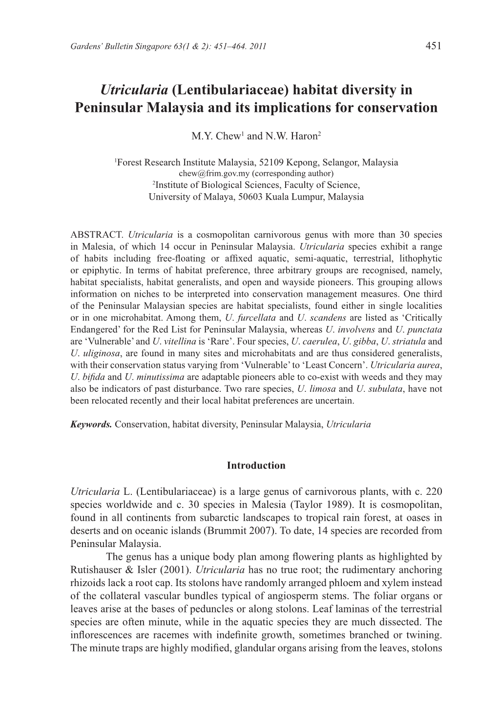 Utricularia (Lentibulariaceae) Habitat Diversity in Peninsular Malaysia and Its Implications for Conservation