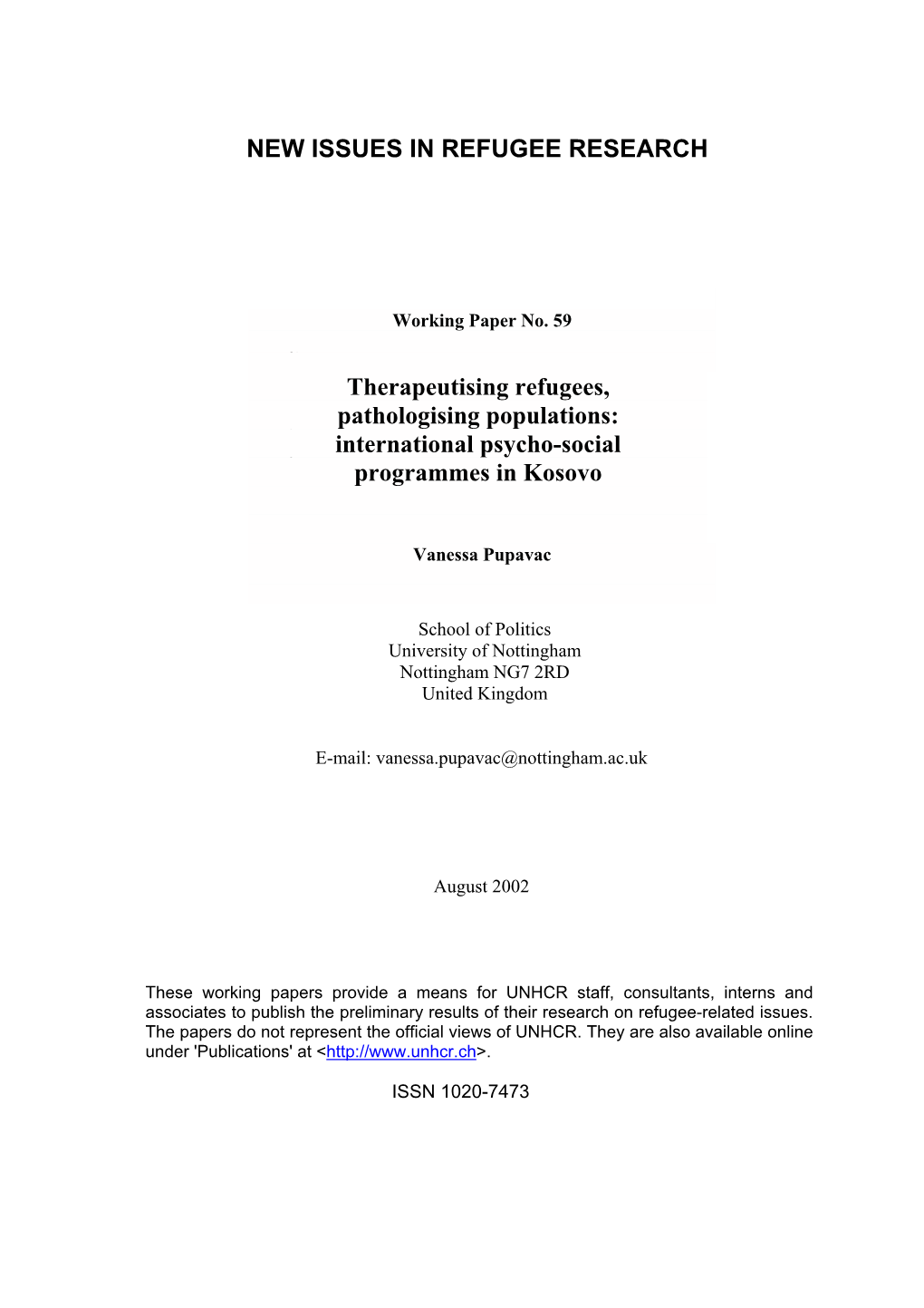 Therapeutising Refugees, Pathologising Populations: International Psycho-Social Programmes in Kosovo