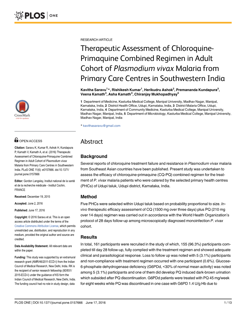 Primaquine Combined Regimen in Adult Cohort of Plasmodium Vivax Malaria from Primary Care Centres in Southwestern India