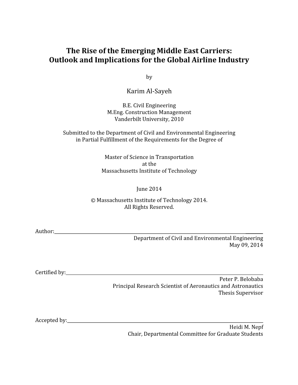 The Rise of the Emerging Middle East Carriers: Outlook and Implications for the Global Airline Industry