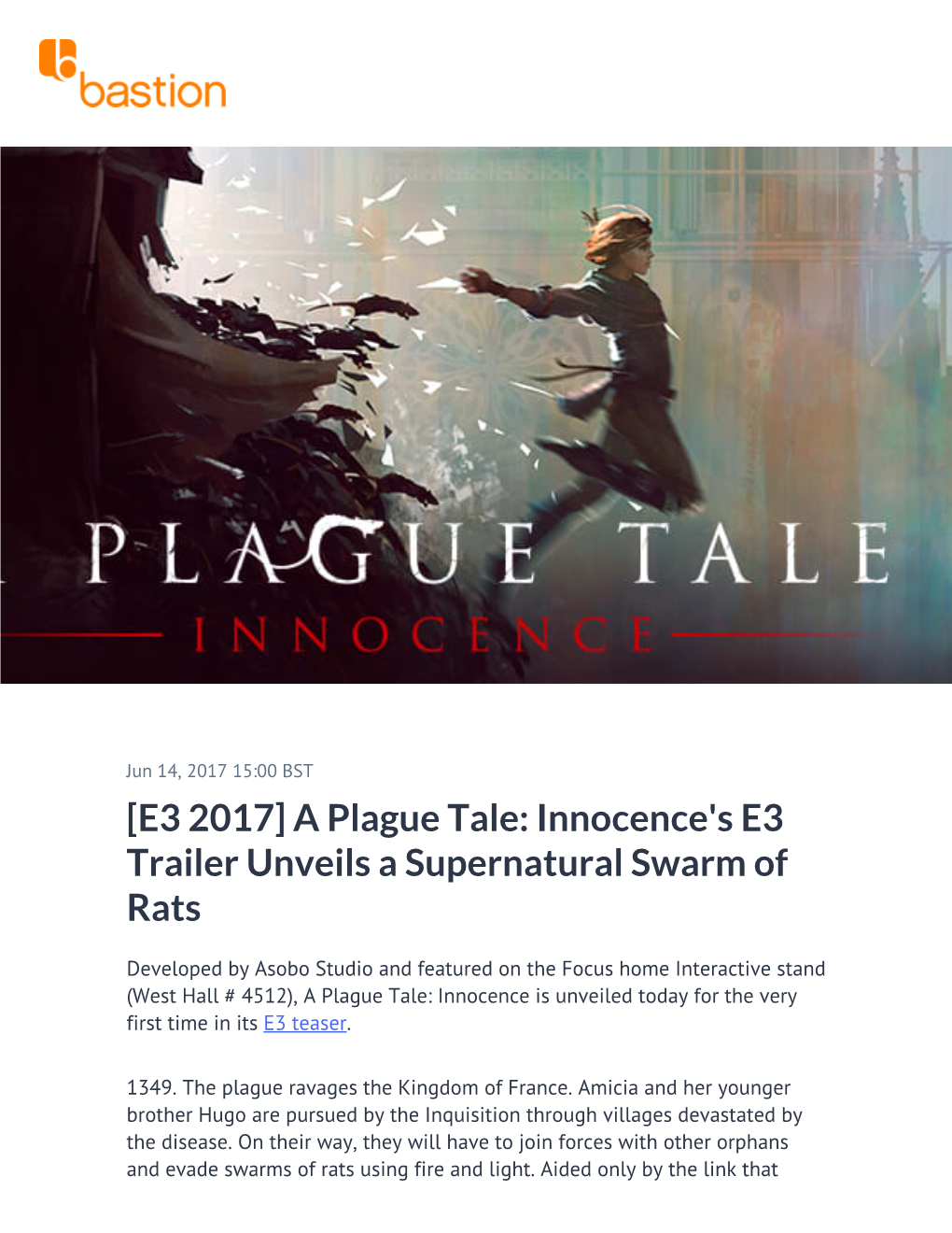 A Plague Tale: Innocence's E3 Trailer Unveils a Supernatural Swarm of Rats