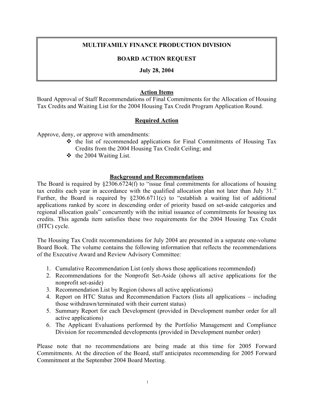 2004 Housing Tax Credit Recommendations