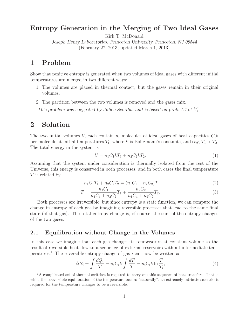 Entropy Generation in the Merging of Two Ideal Gases Kirk T