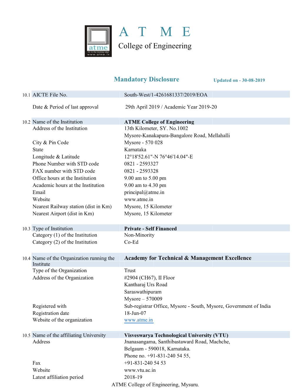 Mandatory Disclosure Updated on - 30-08-2019